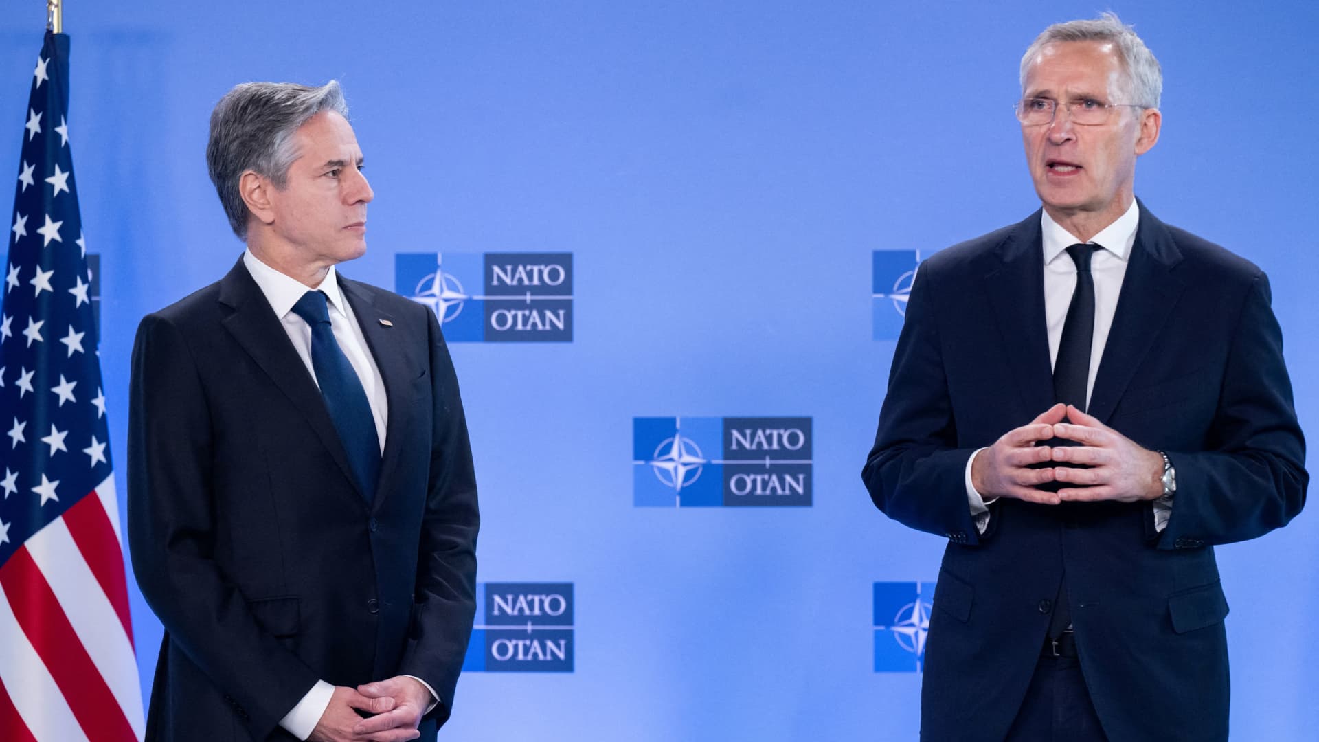 U.S. Secretary of State Antony Blinken and NATO Secretary General Jens Stoltenberg hold a meeting on the sidelines, on the sidelines of the NATO Foreign Ministers meeting, at NATO Headquarters, in Brussels, Belgium, November 28, 2023. 