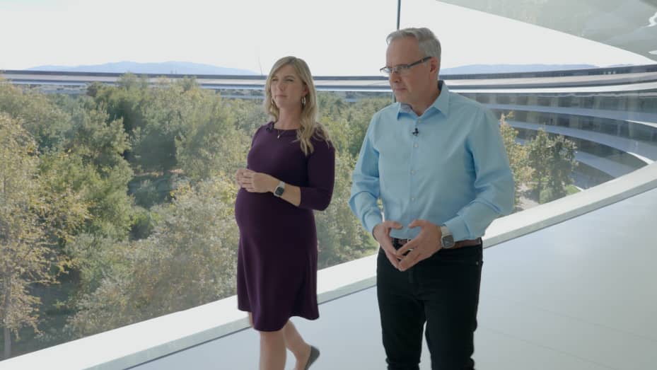 Apple's head of silicon, Johny Srouji, talks to CNBC's Katie Tarasov at Apple headquarters in Cupertino, California, on November 14, 2023.
