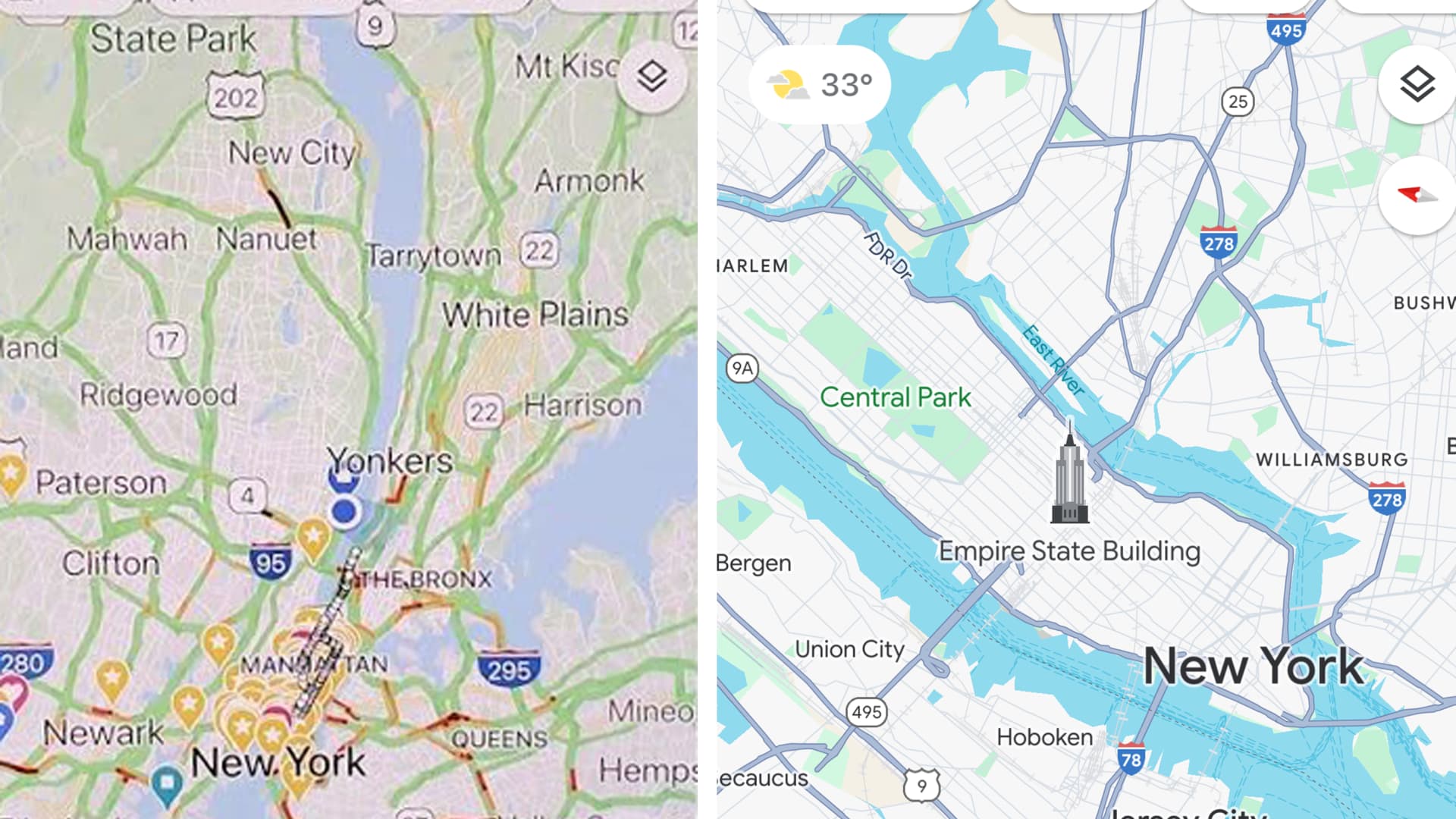 Combo shows Google Maps old look and new updated design.