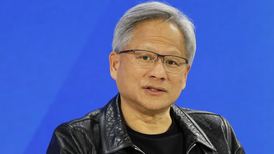 NEW YORK, NEW YORK - NOVEMBER 29: Founder and C.E.O. of NVIDIA Jensen Huang speaks during the New York Times annual DealBook summit on November 29, 2023 in New York City. Andrew Ross Sorkin returns for the NYT summit for a day of interviews with Vice President Kamala Harris, President of Taiwan Tsai Ing-Wen, C.E.O. of Tesla, Chief Engineer of SpaceX and C.T.O. of X Elon Musk, former Speaker of the U.S. House of Representatives Rep. Kevin McCarthy (R-CA) and leaders in business, politics and culture.  (Photo