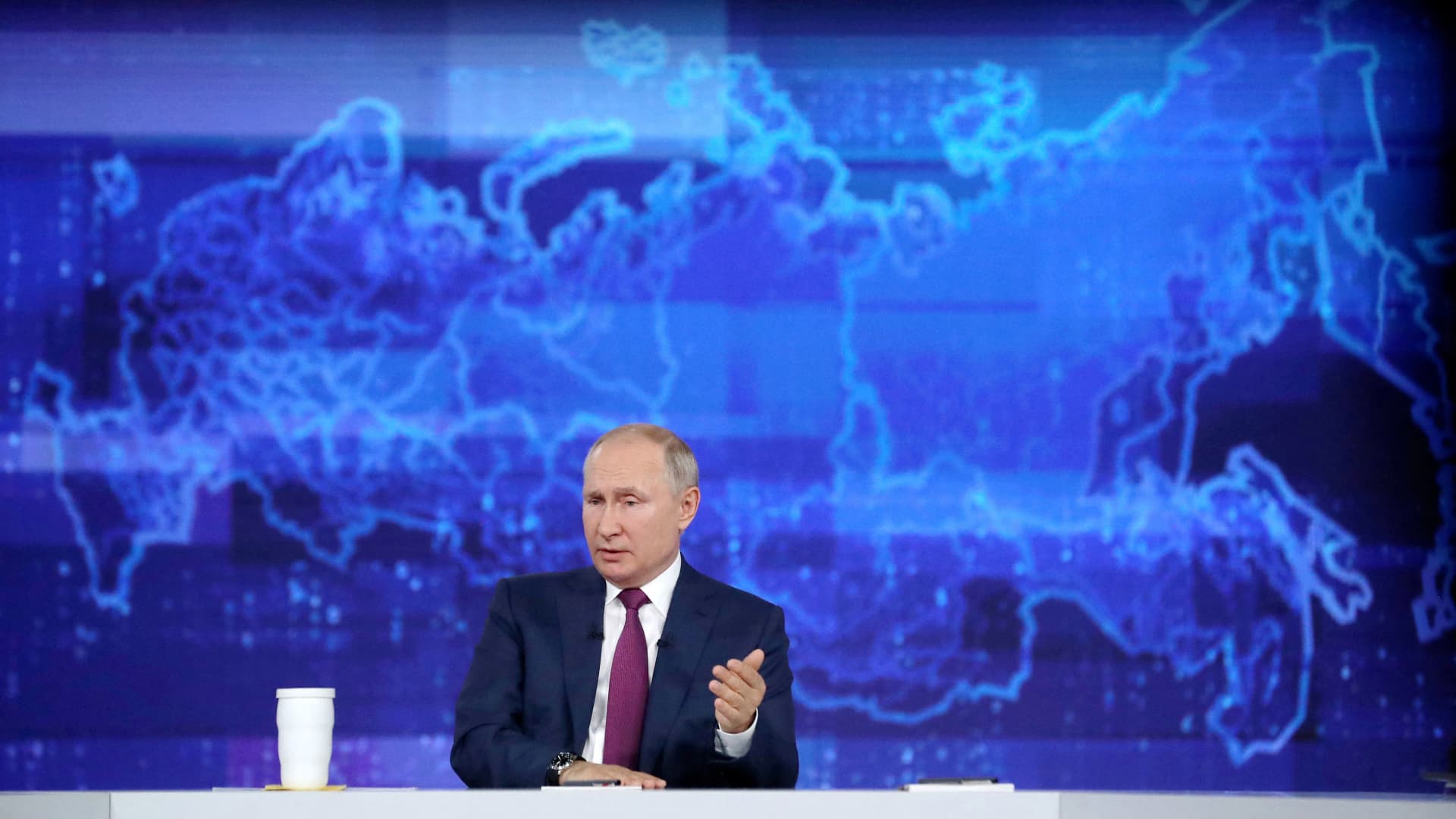 Russian President Vladimir Putin at an annual televised phone-in with the country's citizens at the Moscow's World Trade Center studio on June 30, 2021.