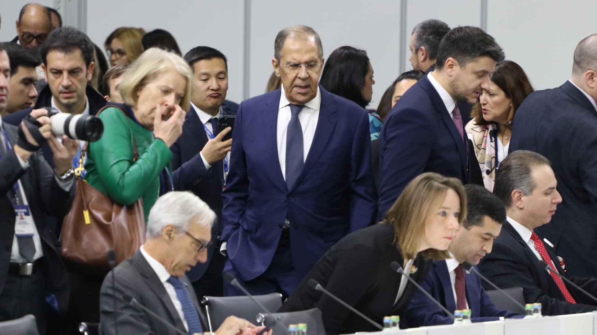 SKOPJE, NORTH MACEDONIA - NOVEMBER 30: Russian Foreign Minister Sergey Lavrov attends the 30th Ministerial Council of the Organization for Security and Co-operation in Europe (OSCE) in Skopje, North Macedonia on November 30, 2023. (Photo by Umeys Sulejman/Anadolu via Getty Images)