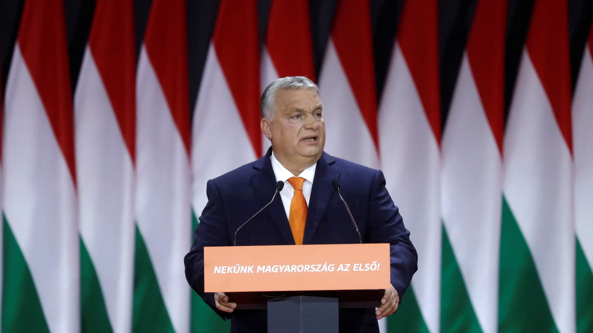 Hungarian Prime Minister Viktor Orban delivers a speech during the Fidesz party congress in Budapest, Hungary, November 18, 2023. 
