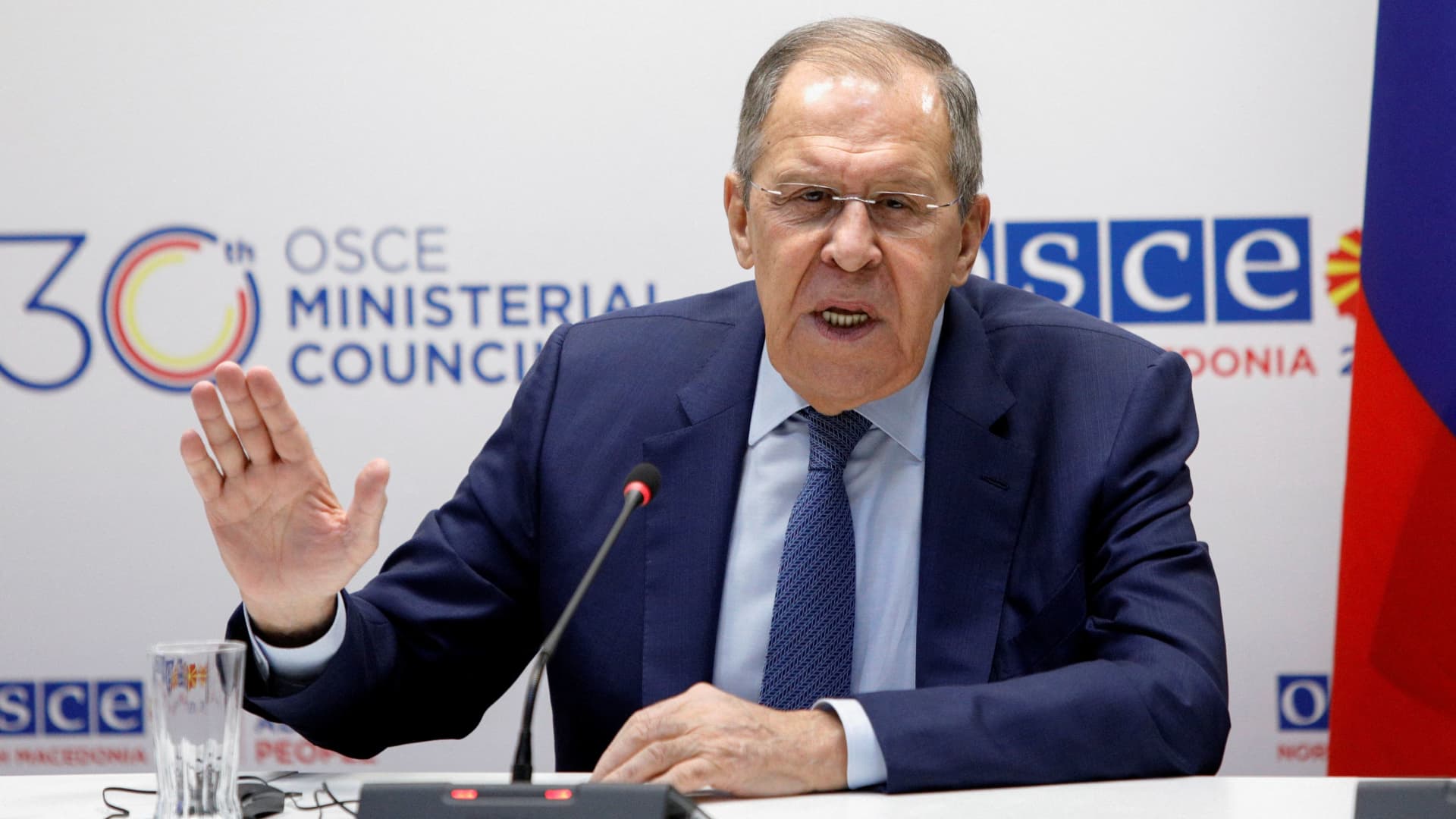 Russian Foreign Minister Sergei Lavrov holds a press conference on the sidelines of a meeting of foreign ministers of the Organisation for Security and Cooperation in Europe (OSCE), in Skopje, North Macedonia, December 1, 2023. 