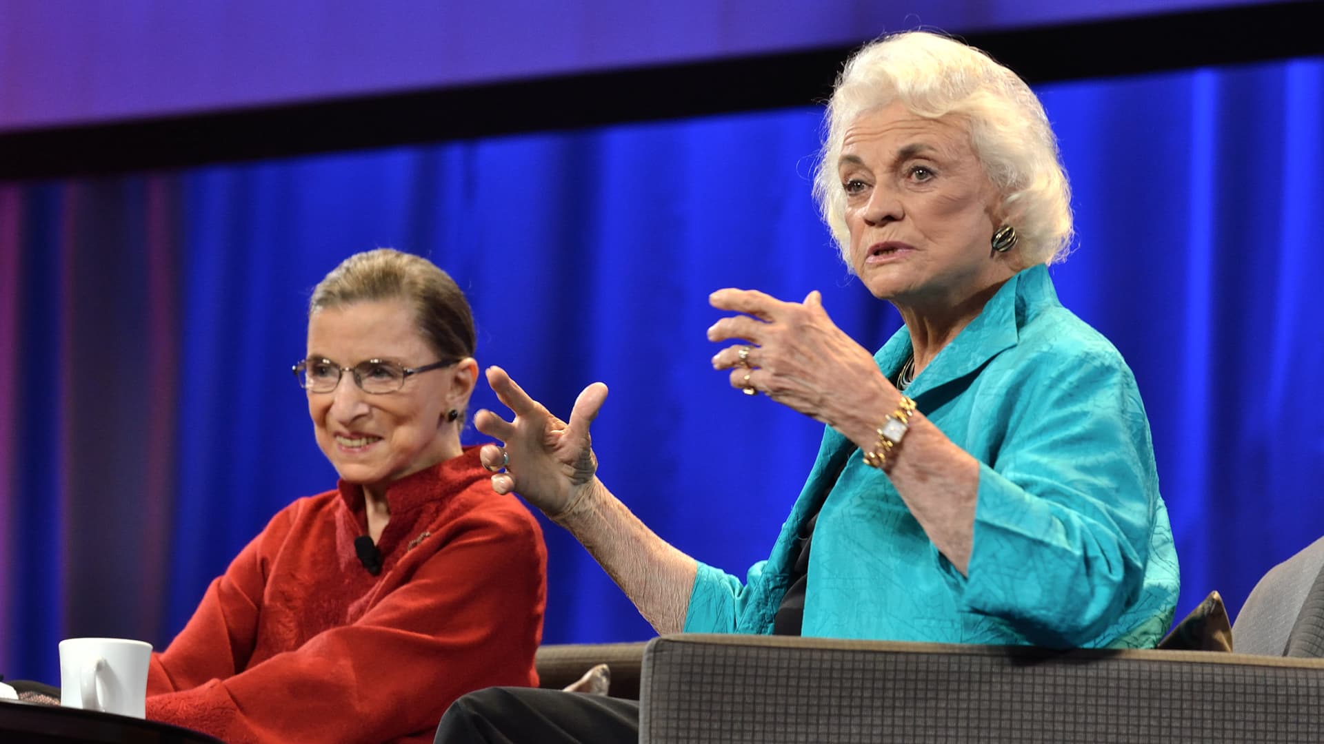Diane Sawyer leads a discussion with U.S. Supreme Court justice Ruth Badar Ginsburg, left, and retired justice Sandra Day O'Connor, during the Women's Conference in Long Beach, CA on October 26, 2010.