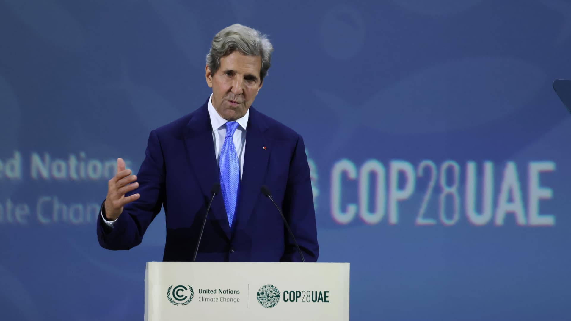 John Kerry, U.S. special presidential envoy for climate, speaks at a COP28 session between the U.S., China, UAE and Nigeria on the global need to reduce methane emissions in Dubai on Dec. 2, 2023.