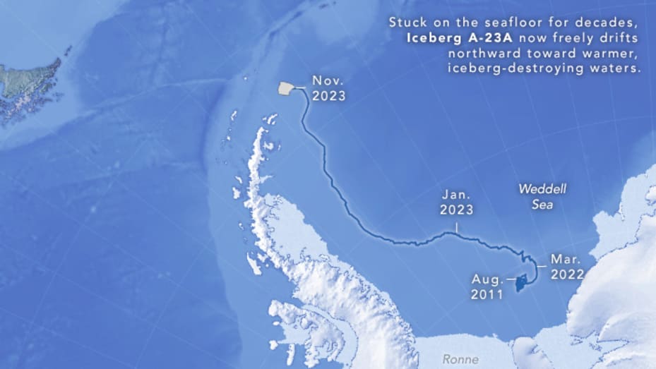 Map shows path of Iceberg A23a as it breaks away from Antarctica.