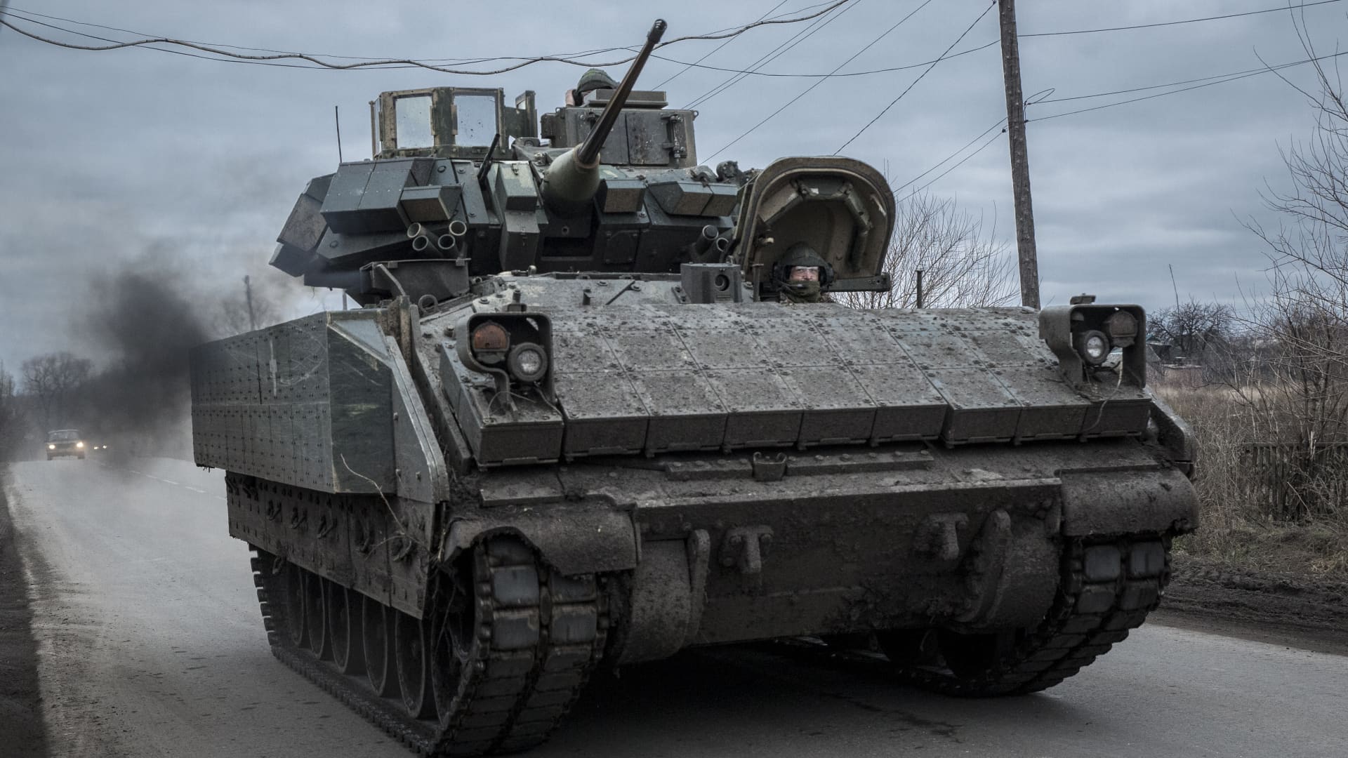 Ukrainian soldiers patrol with a Bradley Fighting vehicle as the Russia-Ukraine war continues in Avdiivka, Donbas, Ukraine on December 4, 2023.