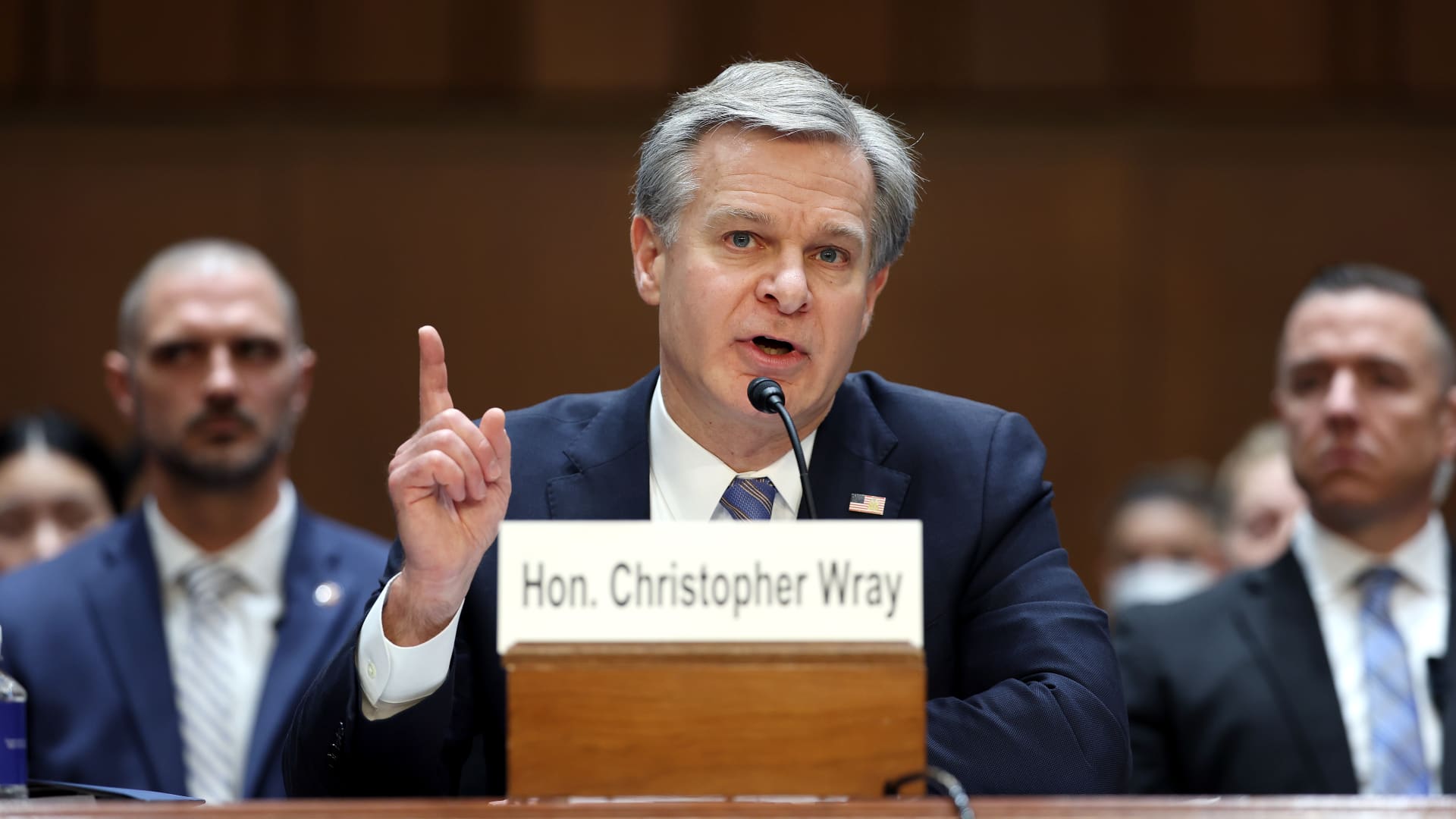 Federal Bureau of Investigation Director Christopher Wray testifies before the Senate Judiciary Committee in the Hart Senate Office Building on Capitol Hill on December 05, 2023 in Washington, DC.