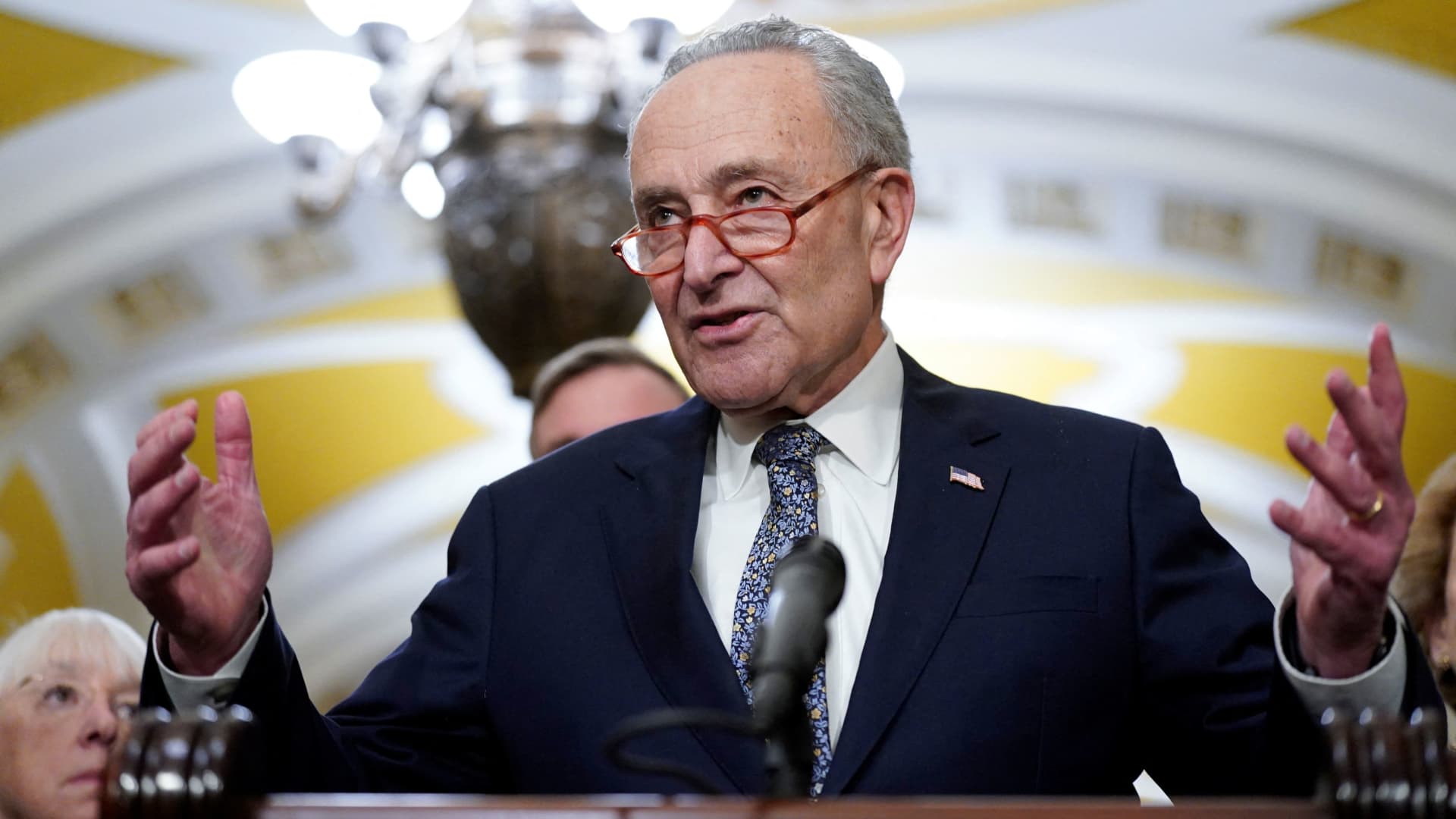 U.S. Senate Majority Leader Chuck Schumer (D-NY) speaks to reporters after the weekly senate party caucus luncheons at the U.S. Capitol in Washington, D.C., U.S., December 5, 2023. 