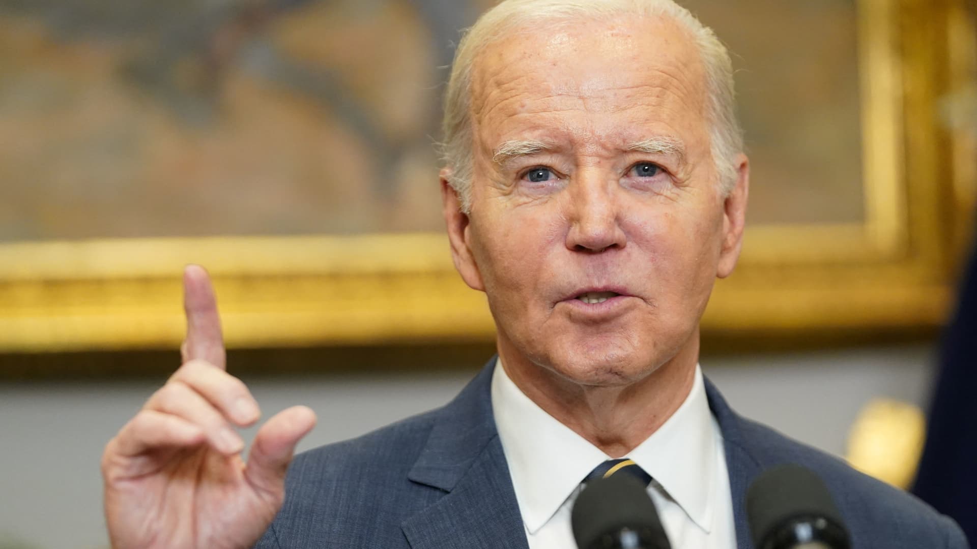 U.S. President Joe Biden gestures as he delivers remarks on aid to Ukraine from the White House in Washington, U.S., December 6, 2023. 