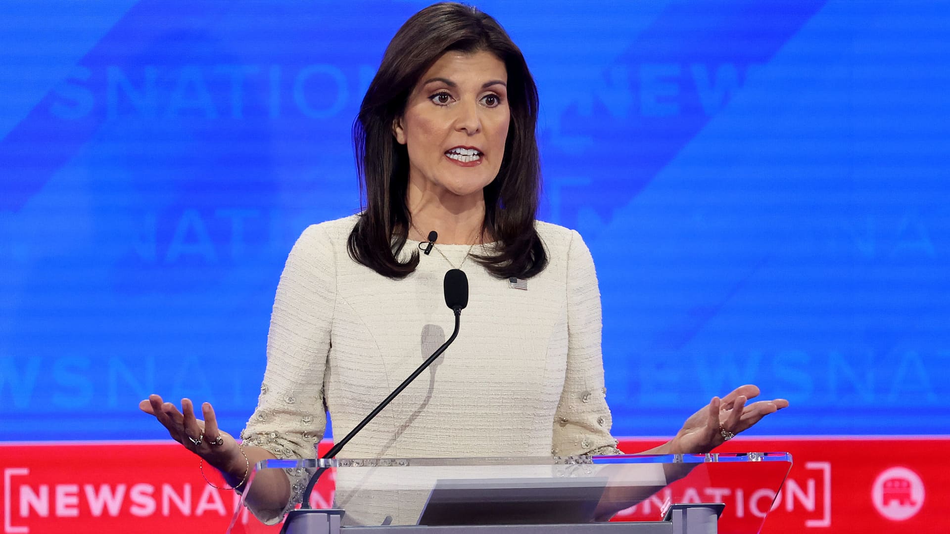 Republican presidential candidate former U.N. Ambassador Nikki Haley participates in the NewsNation Republican Presidential Primary Debate at the University of Alabama Moody Music Hall on December 6, 2023 in Tuscaloosa, Alabama. 