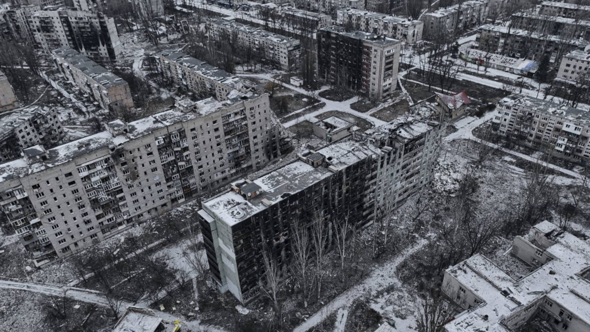 Panorama of the city from a bird's-eye view, shot on a drone, covered with snow on December 7, 2023 in Avdiivka, Ukraine.