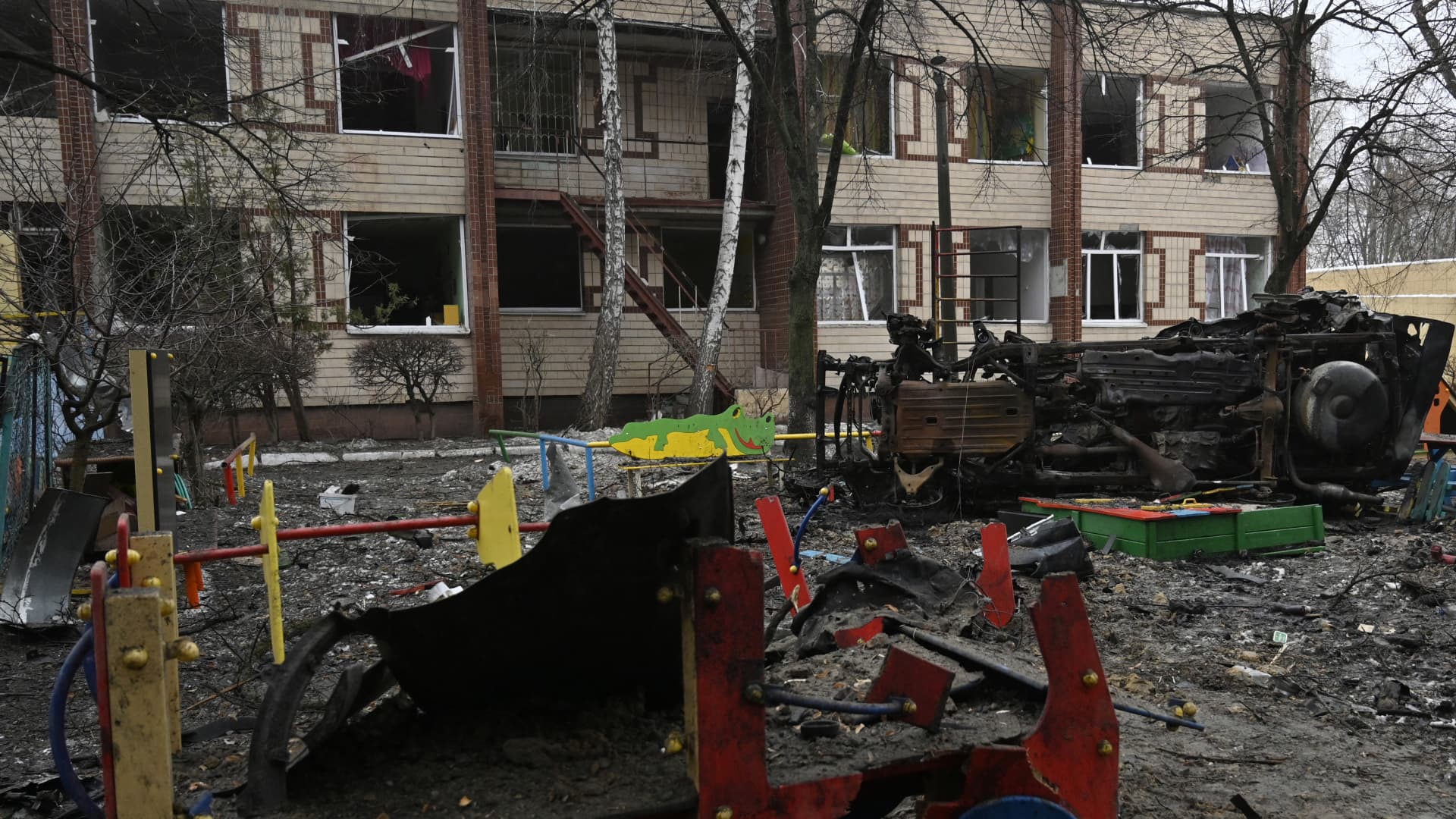 This photograph taken on December 13, 2023 shows a damaged kindergarten following a missile strike in Kyiv, amid the Russian invasion of Ukraine. (Photo by SERGEI CHUZAVKOV / AFP) (Photo by SERGEI CHUZAVKOV/AFP via Getty Images)