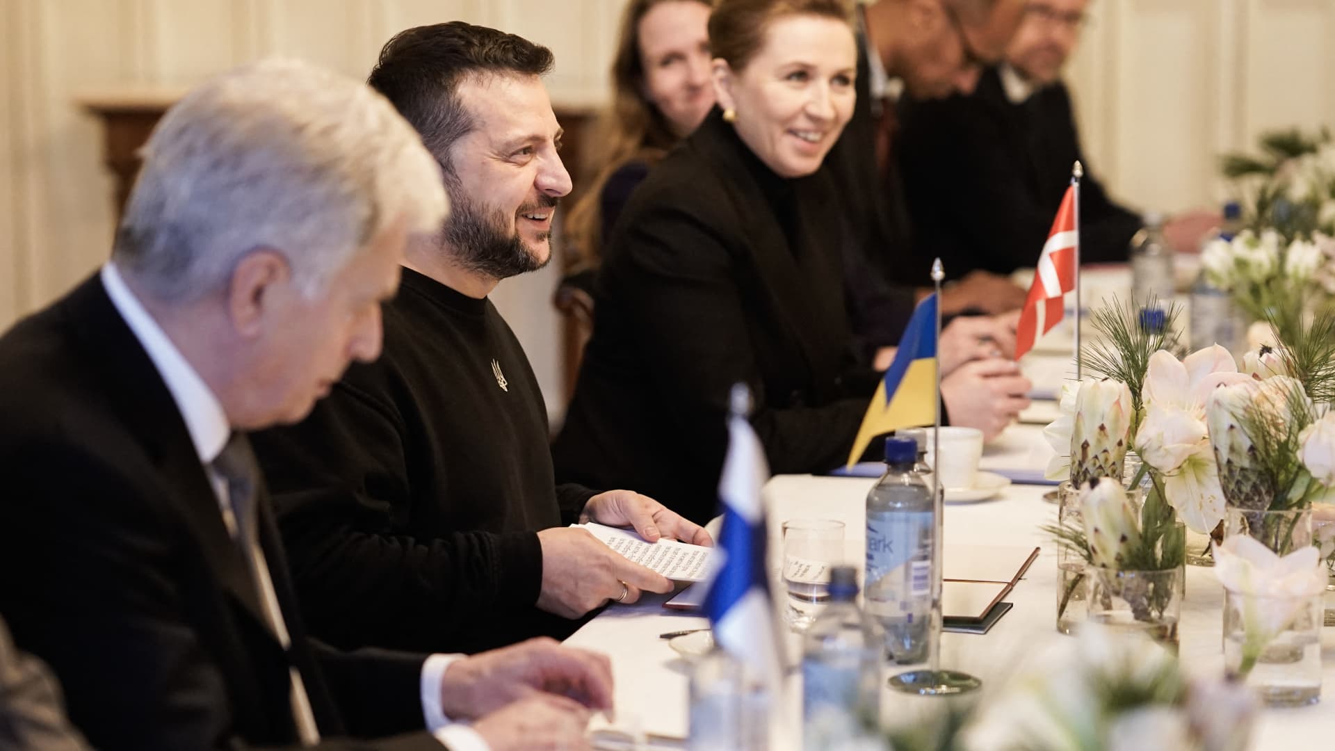 Ukrainian President Volodymyr Zelensky (2L) attends a Nordic summit meeting with leaders of the five Nordic nations, key backers in Kyiv's fight against Russia's invasion on December 13, 2023 in Oslo. 