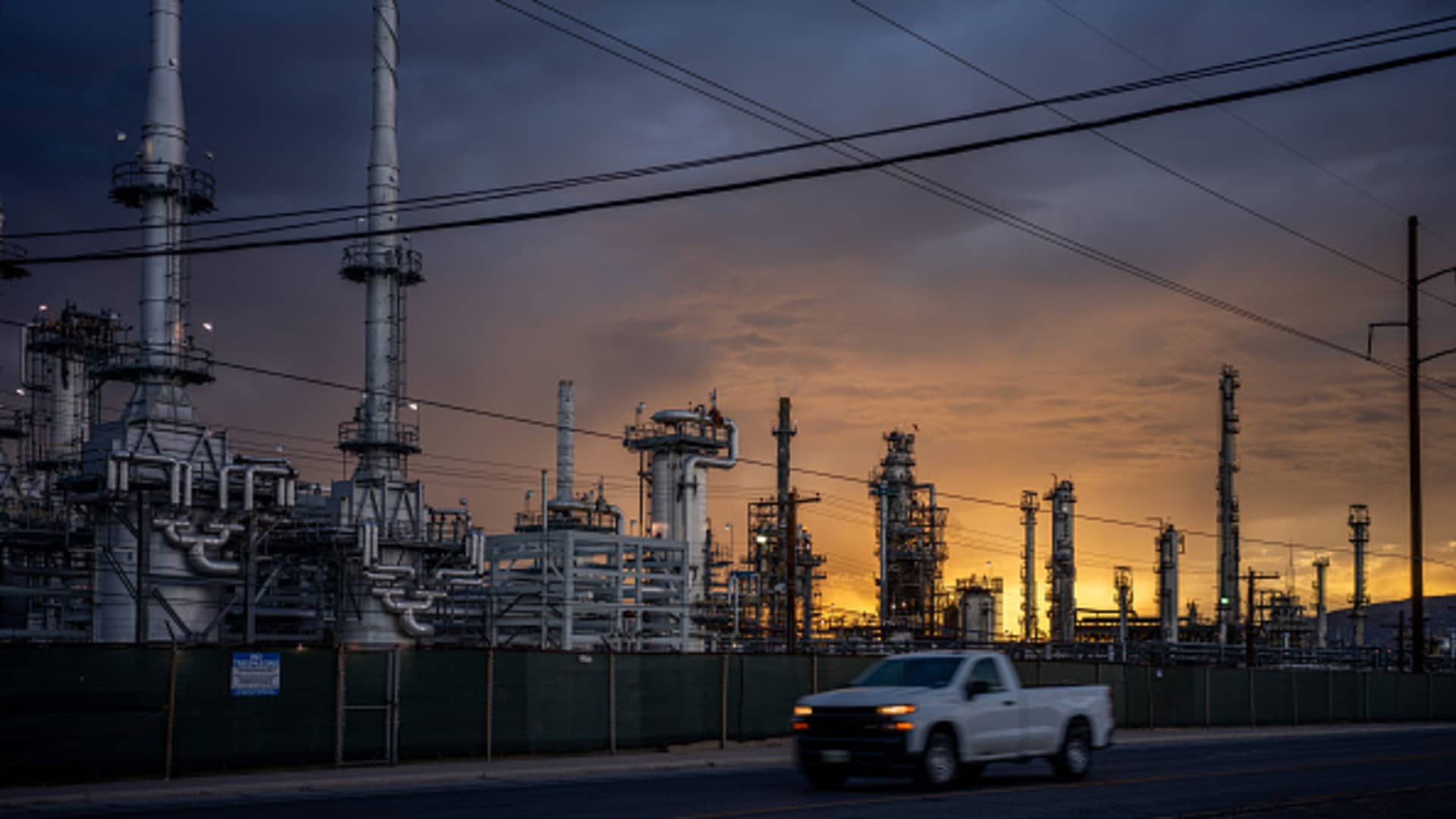 A pickup truck drives past the Marathon El Paso Refinery on September 20, 2023 in El Paso, Texas. The U.S. oil industry is headed toward a record-breaking year.
