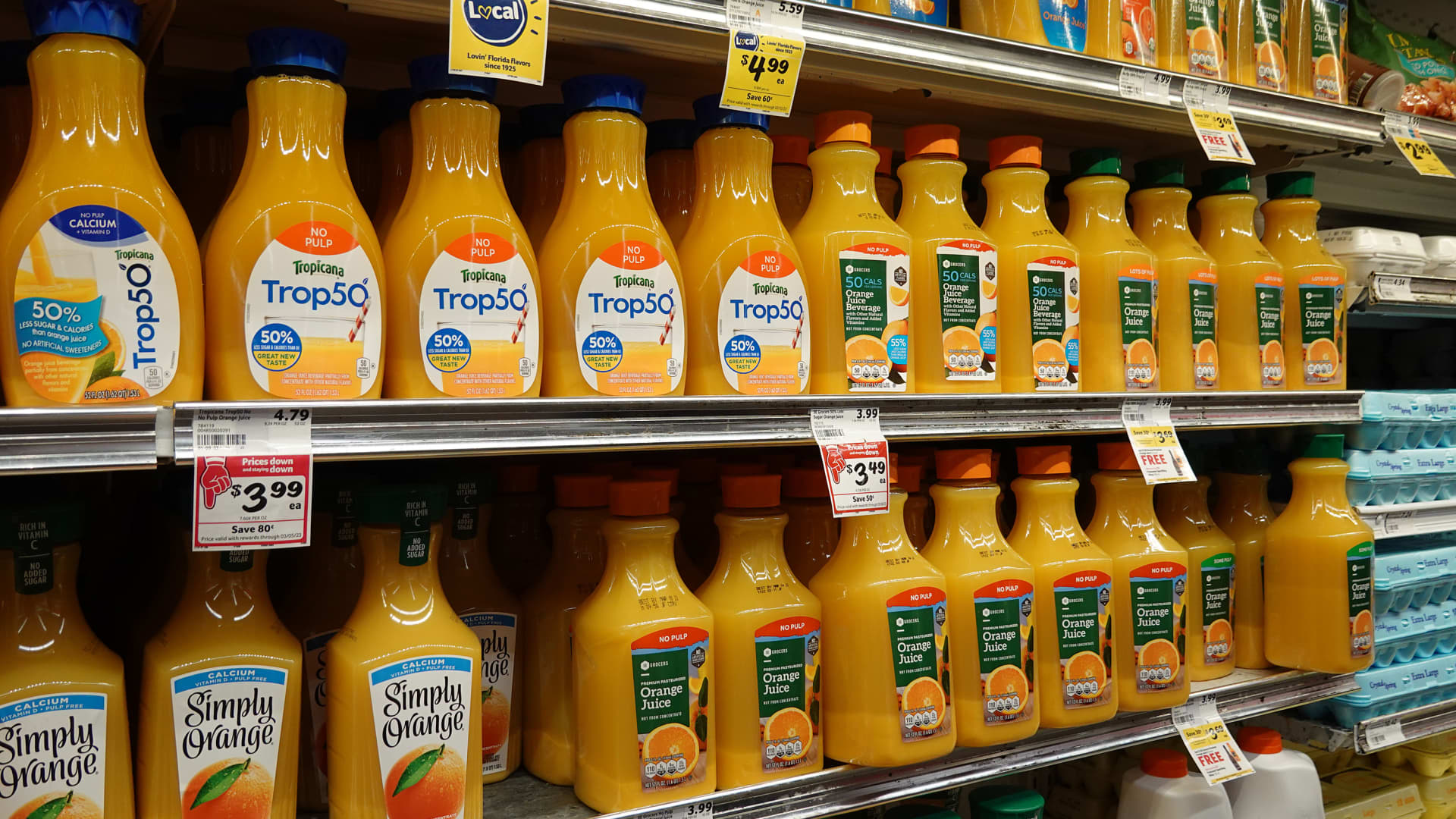Orange juice on display in a grocery store on Jan. 19, 2023, in Miami, Florida.