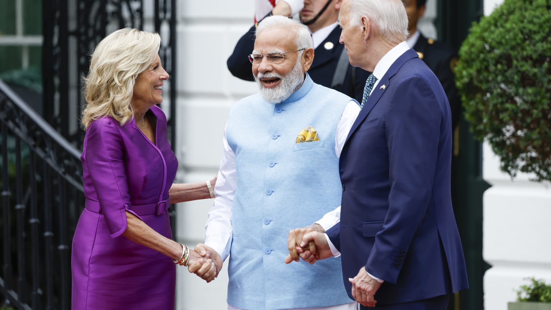 First lady Jill Biden, U.S. President Joe Biden and Indian Prime Minister Narendra Modi participate in an arrival ceremony at the White House on June 22, 2023.
