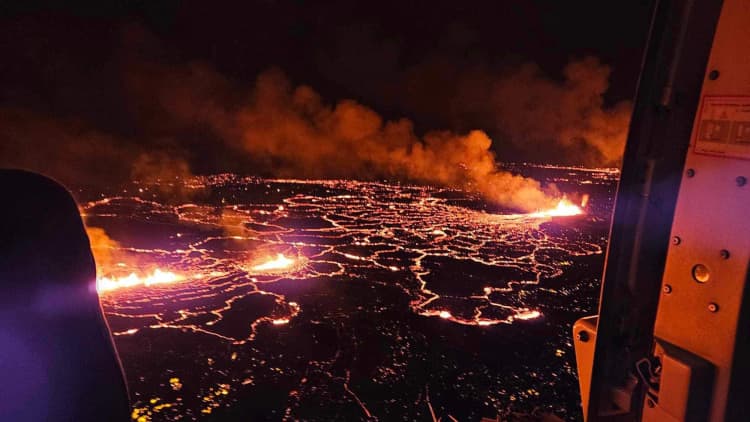 Aerial footage captures Iceland volcano spewing lava after eruption