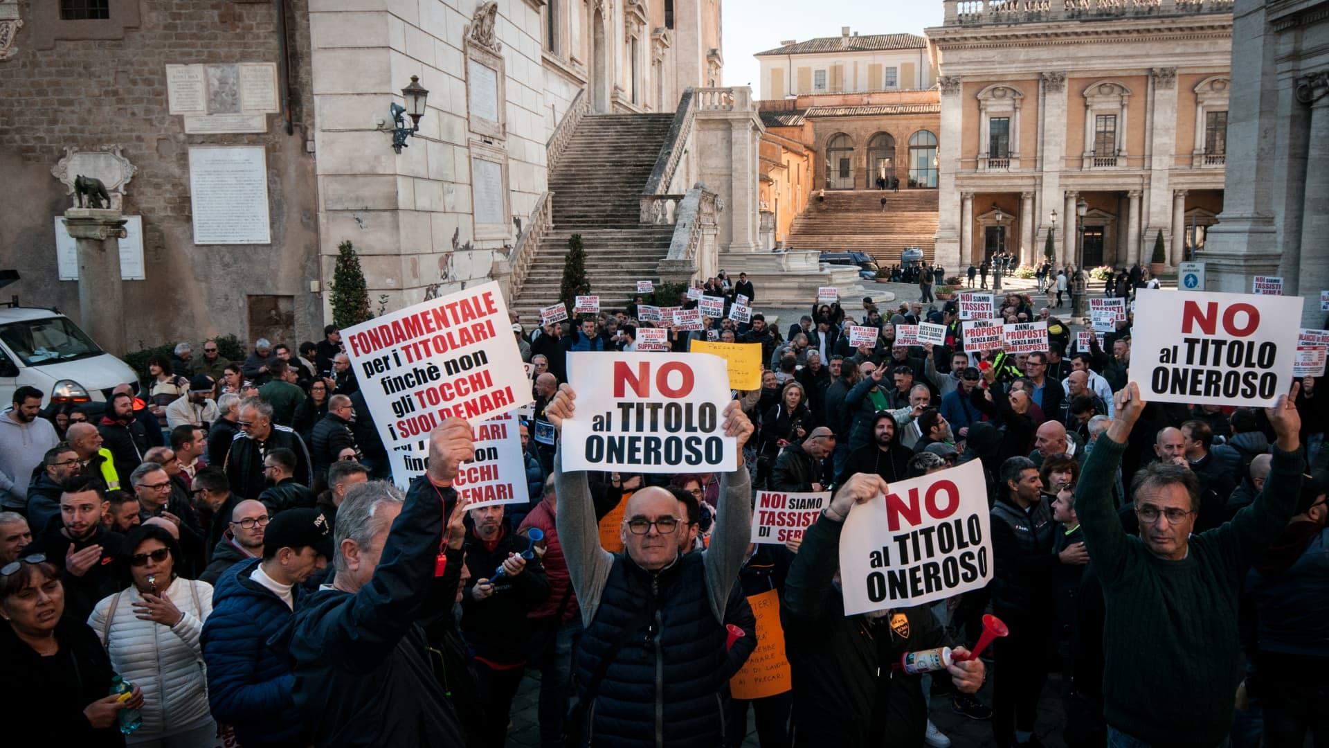 Taxi drivers holding a demonstration in Piazza del Campidoglio in response to the decision made by the Mayor of Rome, Roberto Gualtieri, and the Councilor for Mobility, Eugenio Patane, to issue new taxi licenses in exchange for payment. The event took place on Nov. 9, 2023, in Rome, Italy.