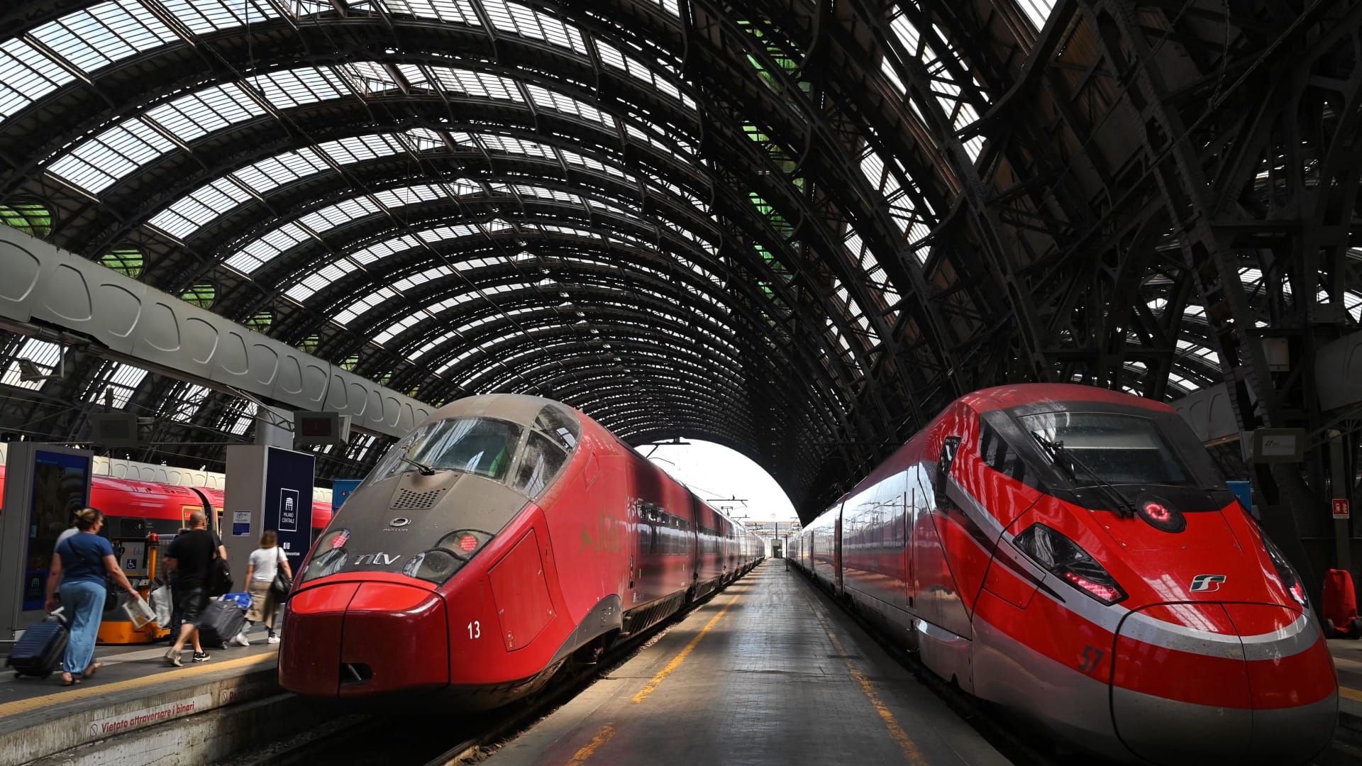 High-speed trains at the central railway station in Milan in July 2023.