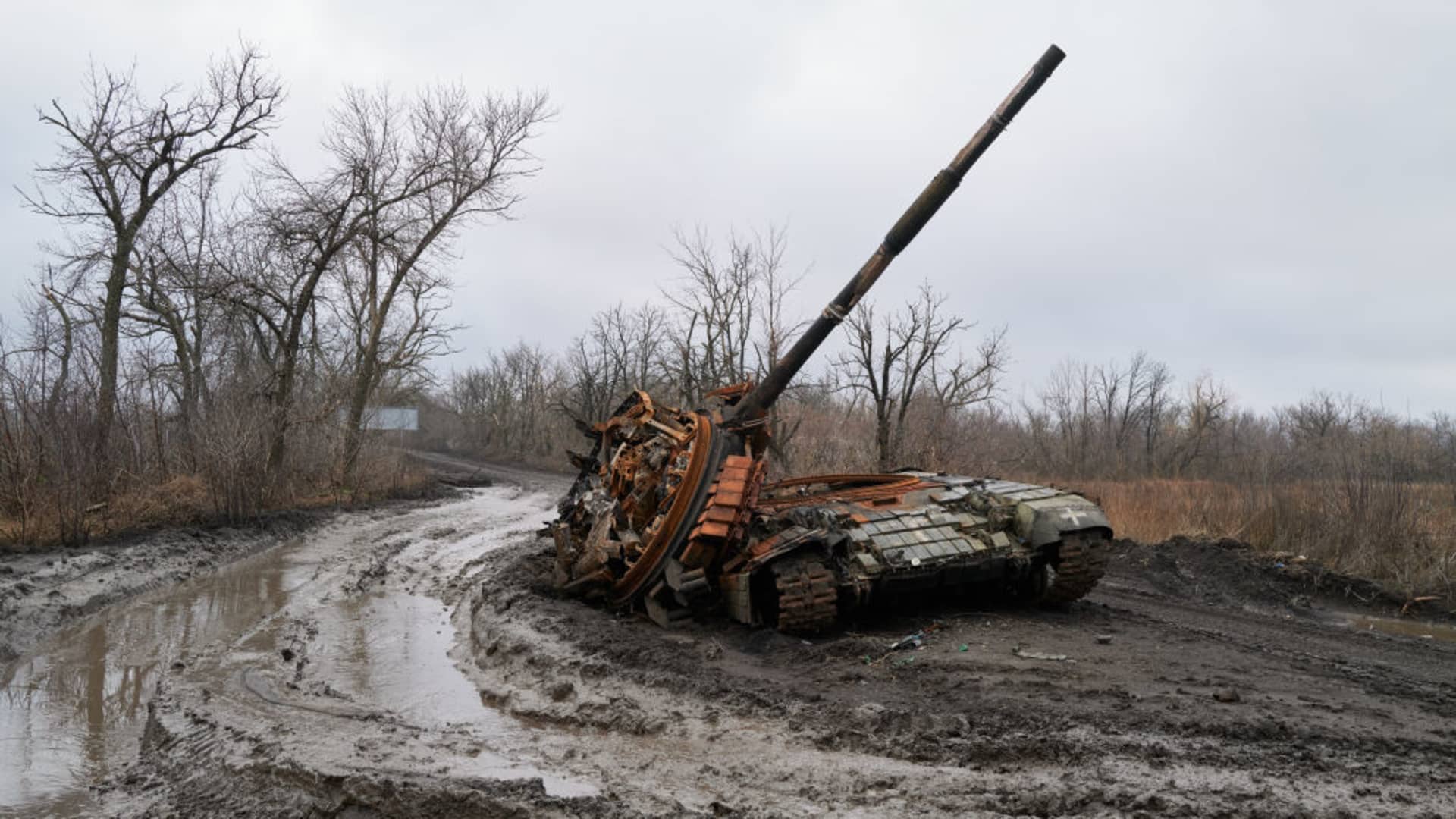 A Ukrainian tank destroyed by artillery shelling on Dec. 31, 2023, in Avdiivka, Ukraine.