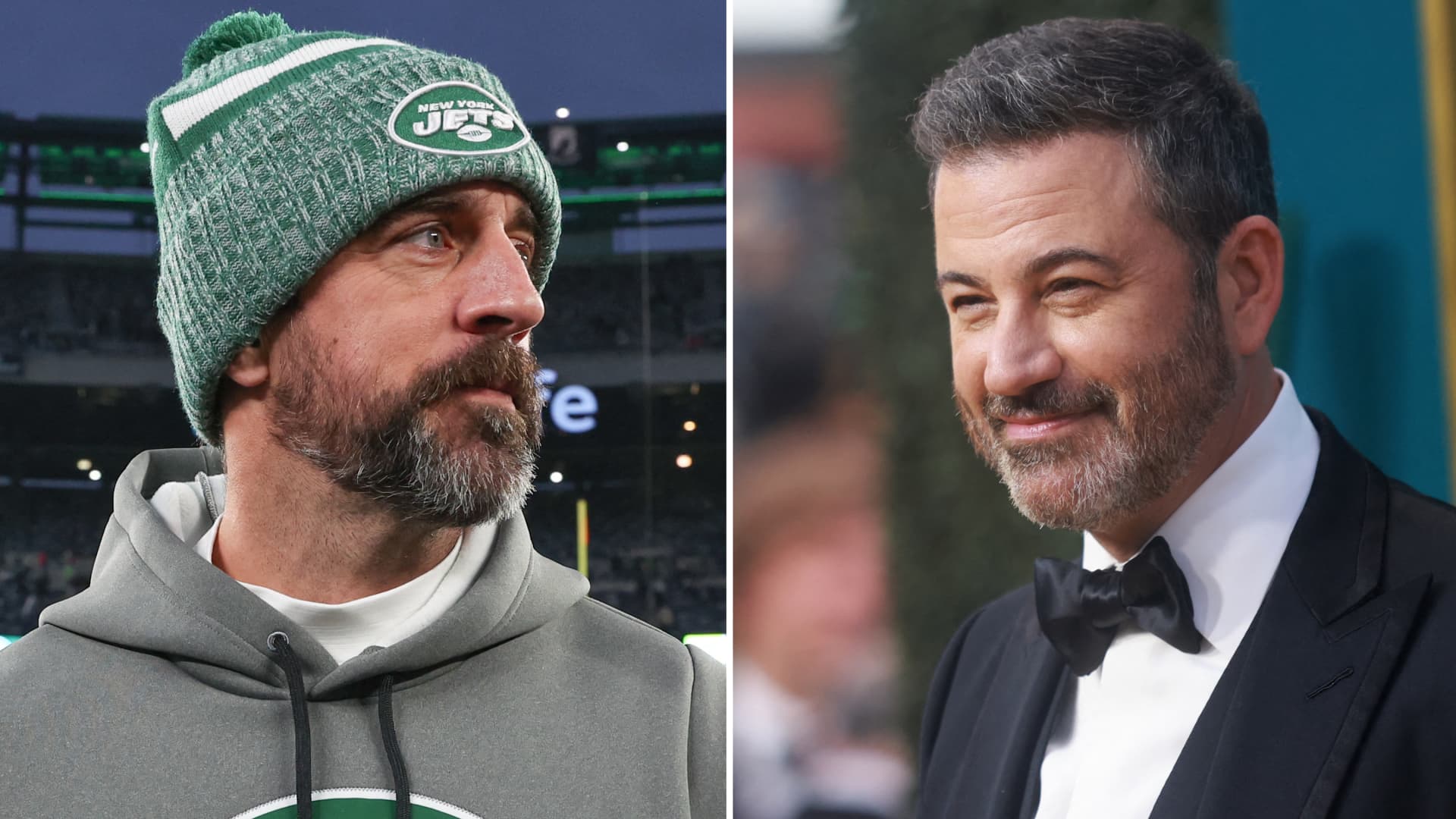 New York Jets quarterback Aaron Rodgers (L) and TV Host Jimmy Kimmel.