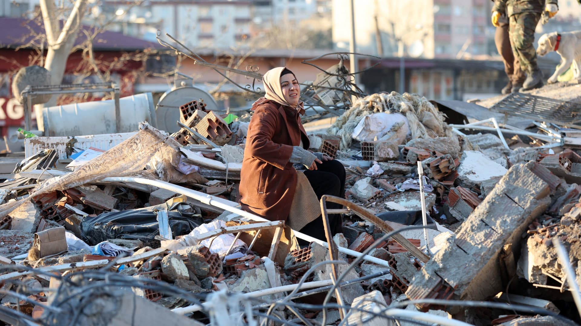 The rubble of a destroyed building in Kahramanmaras, southern Turkey, on Feb. 7, 2023, a day after a 7.8-magnitude earthquake struck the country's southeast.