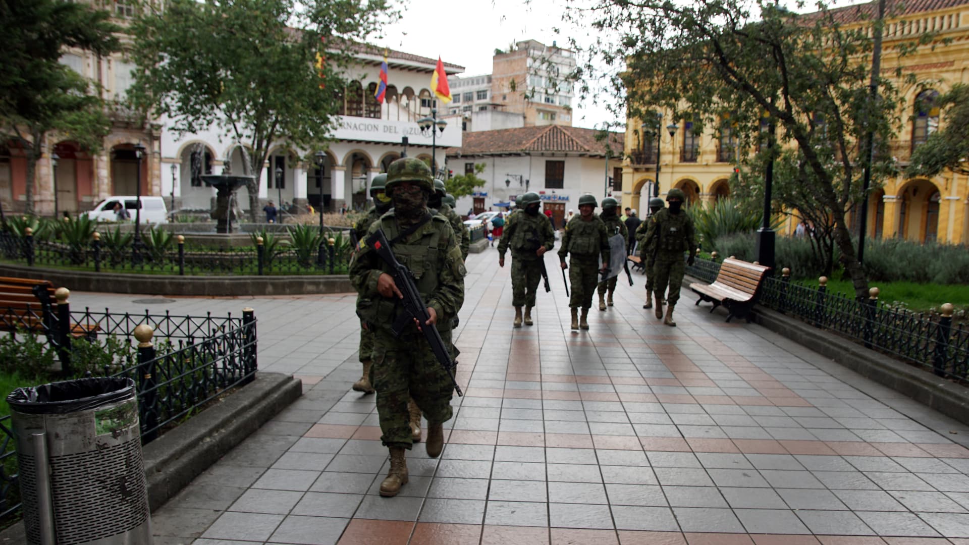 Ecuadorean soldiers patrol the streets in Cuenca, Ecuador, on January 9, 2024, a day after Ecuadorean President Daniel Noboa declared a state of emergency following the escape from prison of a dangerous narco boss.