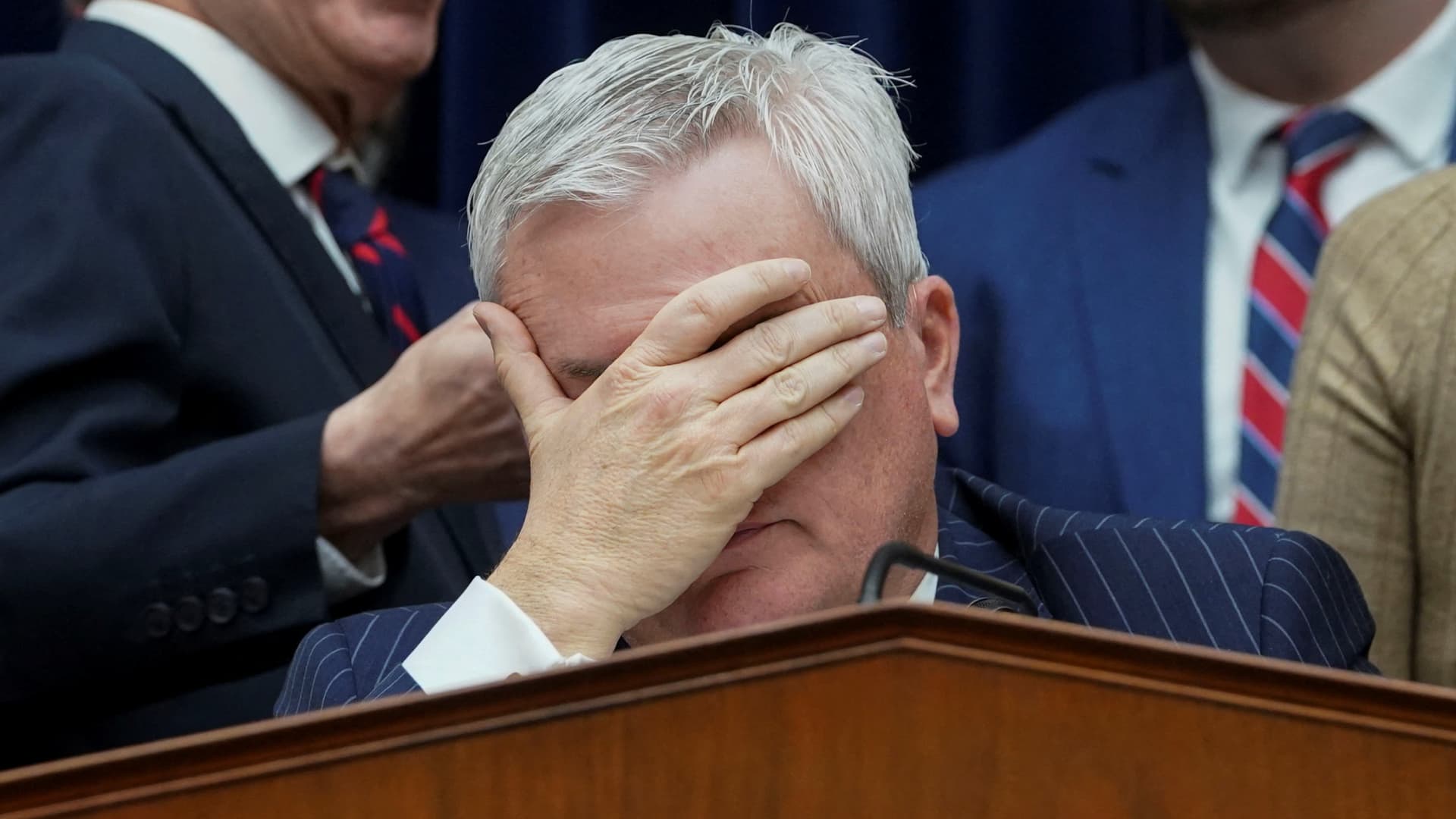 House Oversight Committee Chairman James Comer (R-KY) puts his hand over his face during a House Oversight Committee markup and meeting to vote on whether to hold Hunter Biden, son of U.S. President Joe Biden, in contempt of Congress for failing to respond to a request to testify to the House last month, on Capitol Hill in Washington, U.S., January 10, 2024. 