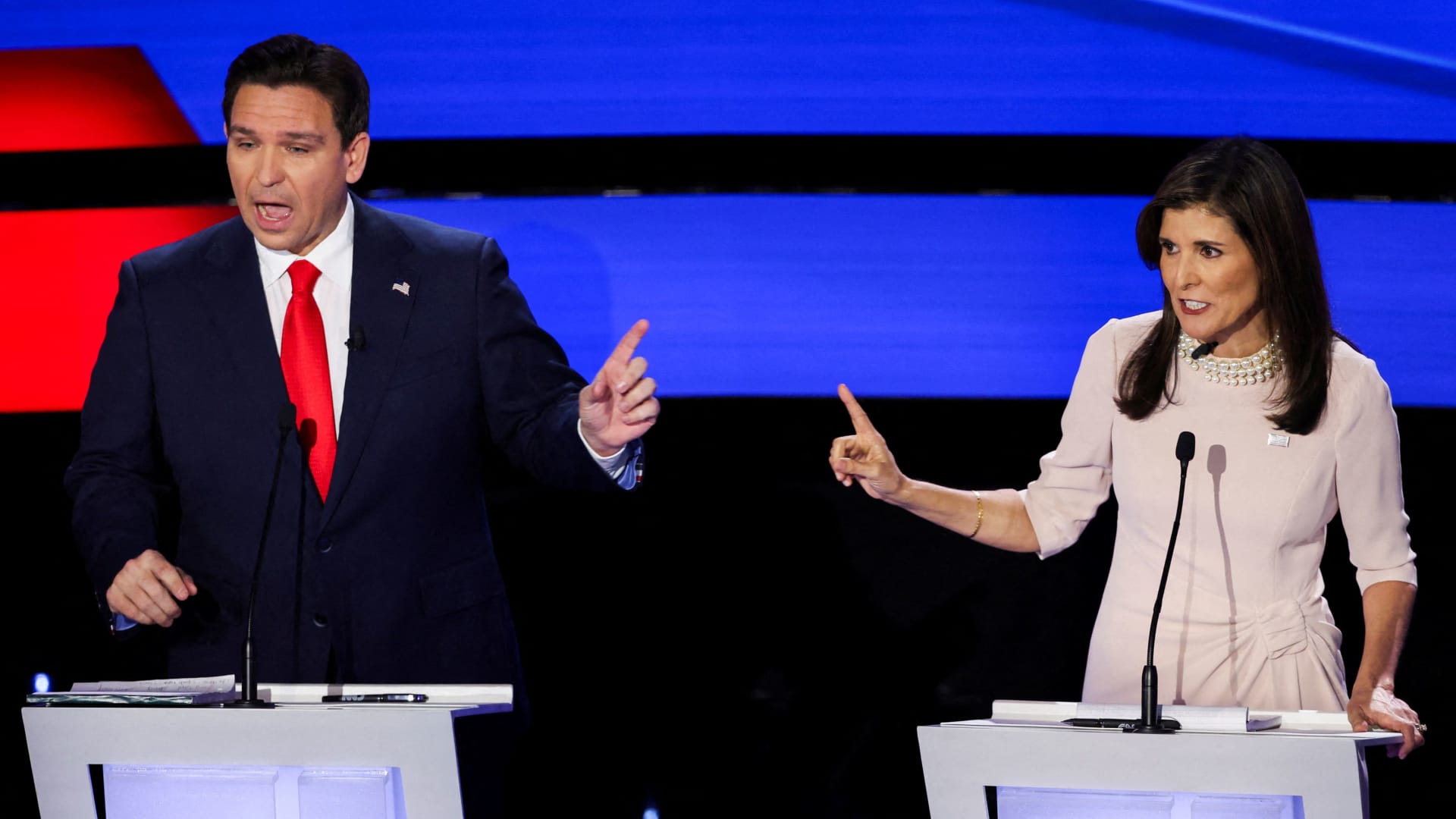 Florida Gov. Ron DeSantis and former U.S. Ambassador to the United Nations Nikki Haley participate in the Republican presidential debate hosted by CNN at Drake University in Des Moines, Iowa, on Jan. 10, 2024.