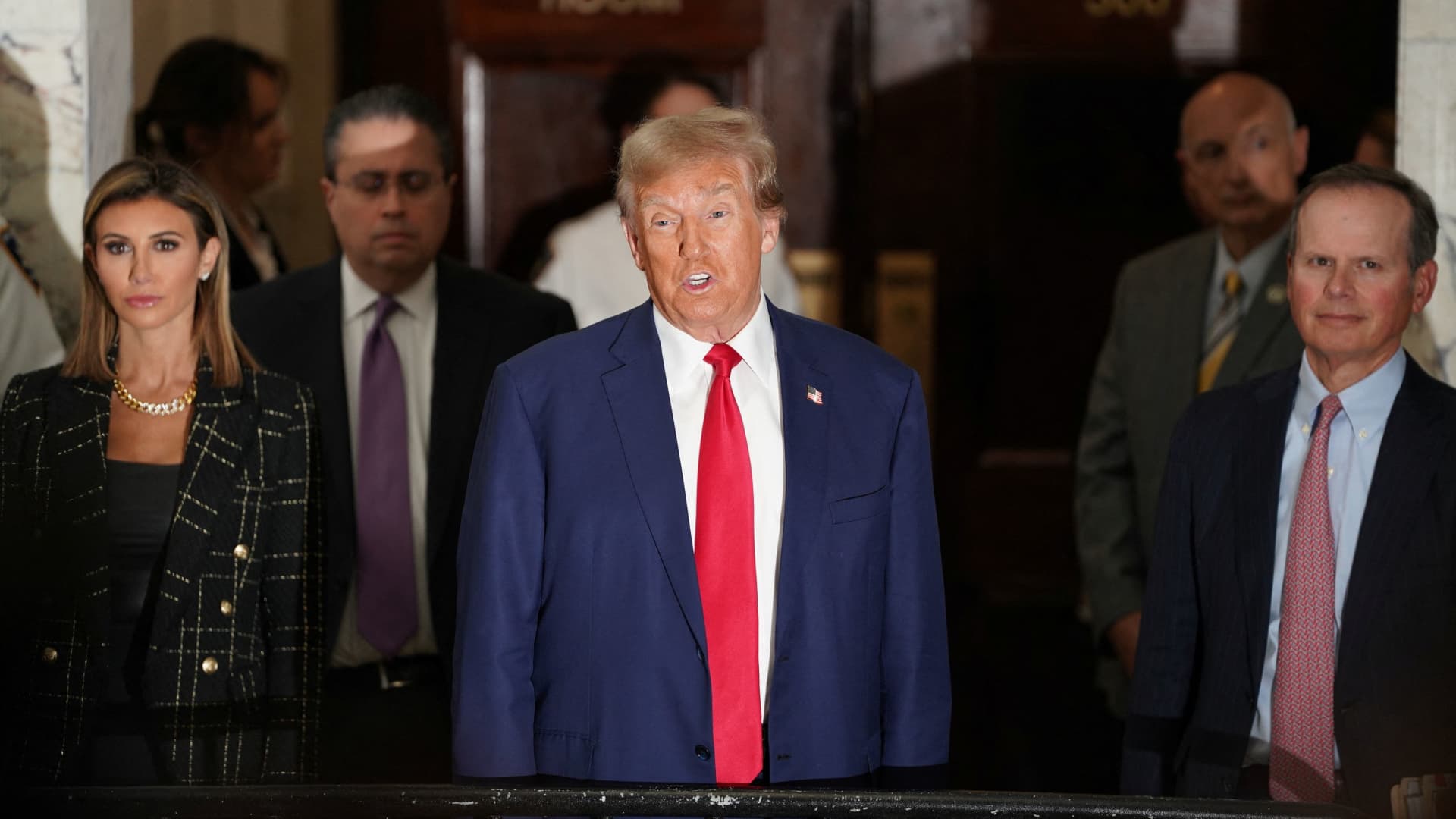 Former U.S. President Donald Trump speaks on the day he attends the closing arguments in the Trump Organization civil fraud trial at New York State Supreme Court in the Manhattan borough of New York City on Jan. 11, 2024.