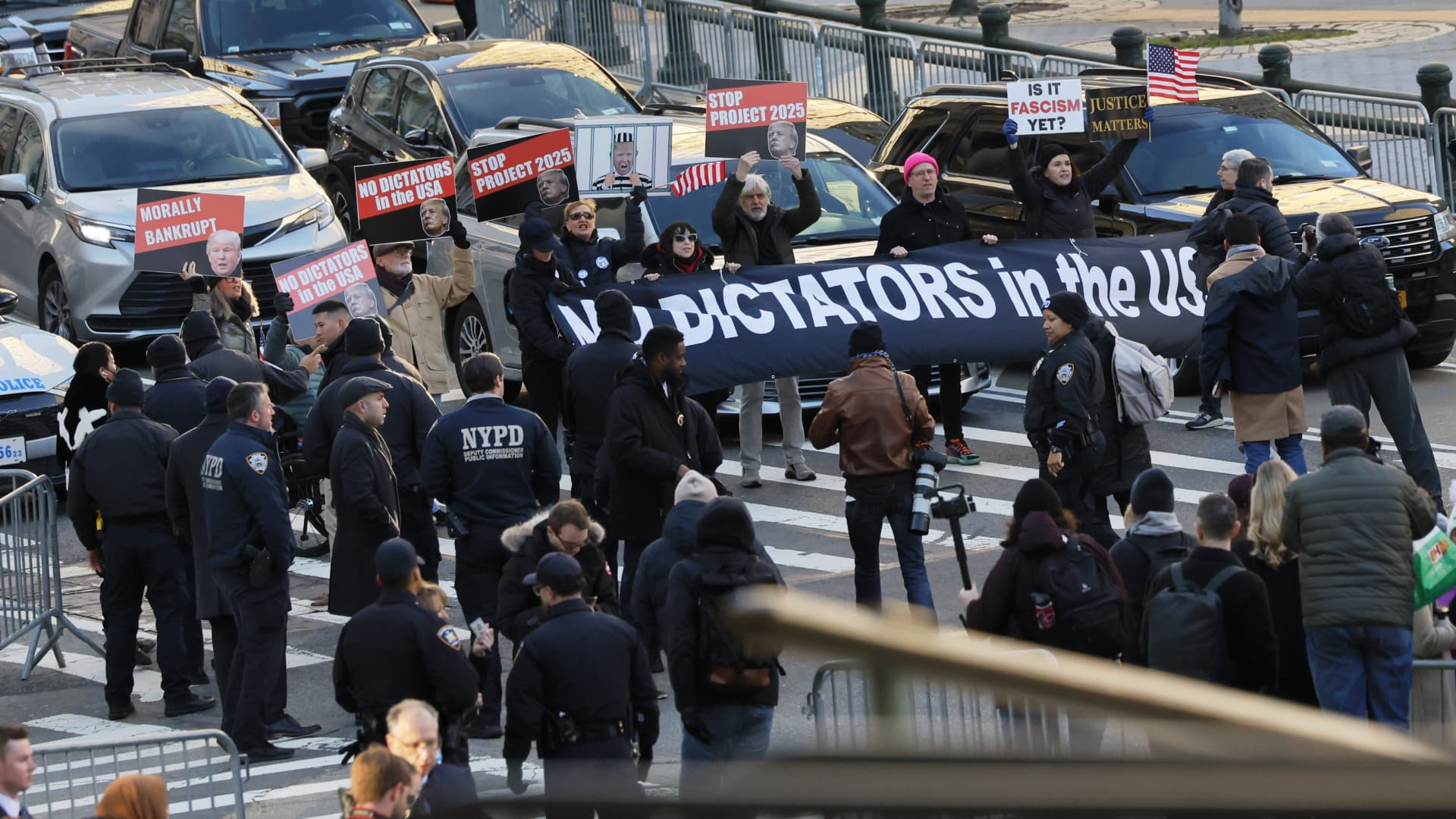 Protestors block traffic ahead of former U.S. President Donald Trump's civil fraud trial at New York Supreme Court in New York City on Jan. 11, 2024.