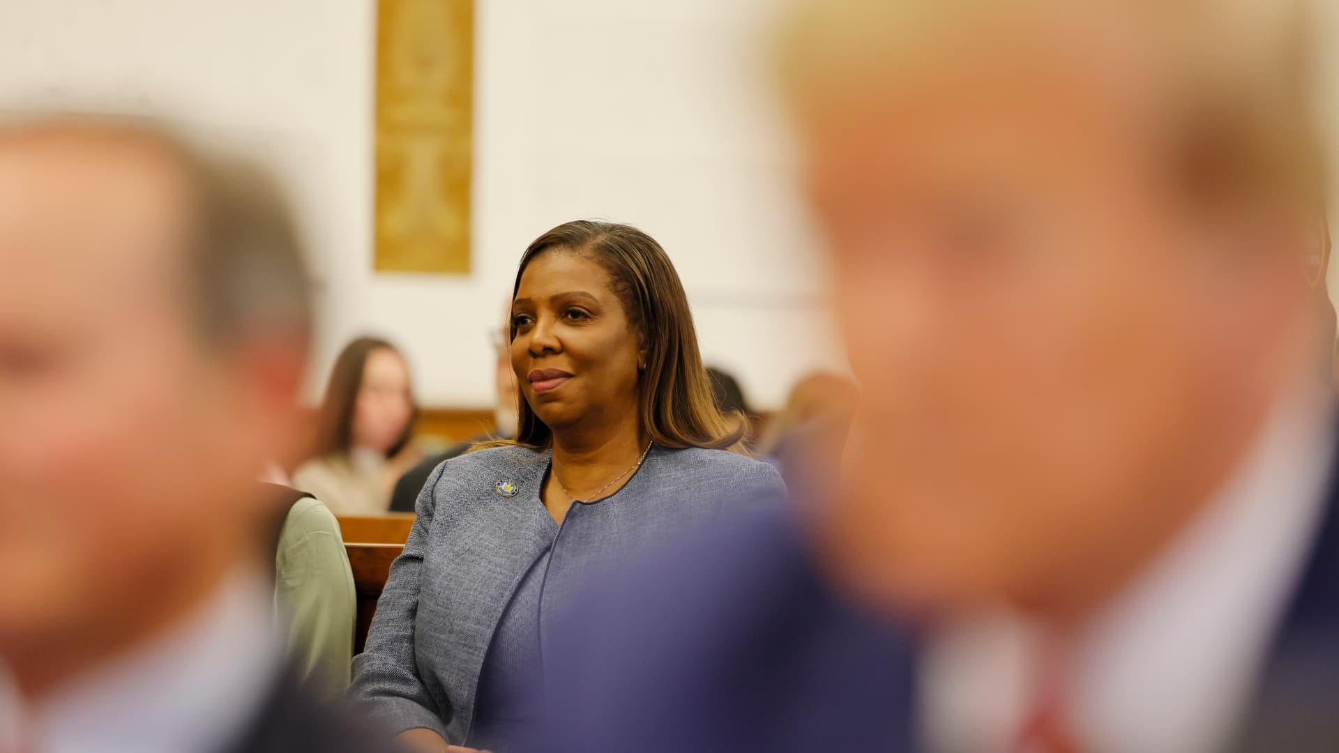 New York Attorney General Letitia James, center, during a trial at New York State Supreme Court in New York on Jan. 11, 2024.