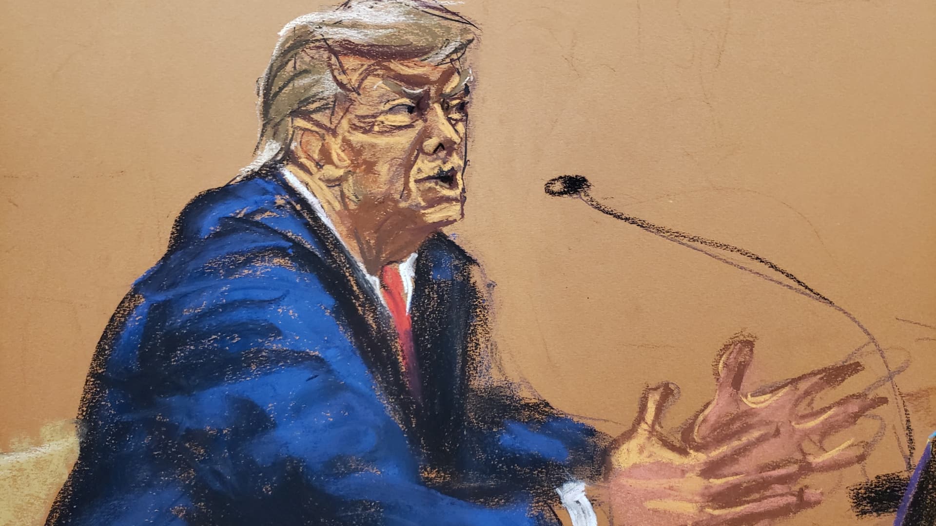 Former U.S. president Donald Trump gives brief closing arguments while seated at the defense table in the Trump Organization civil fraud trial at New York State Supreme Court in the Manhattan borough of New York City, U.S., January 11, 2024 in this courtroom sketch. 