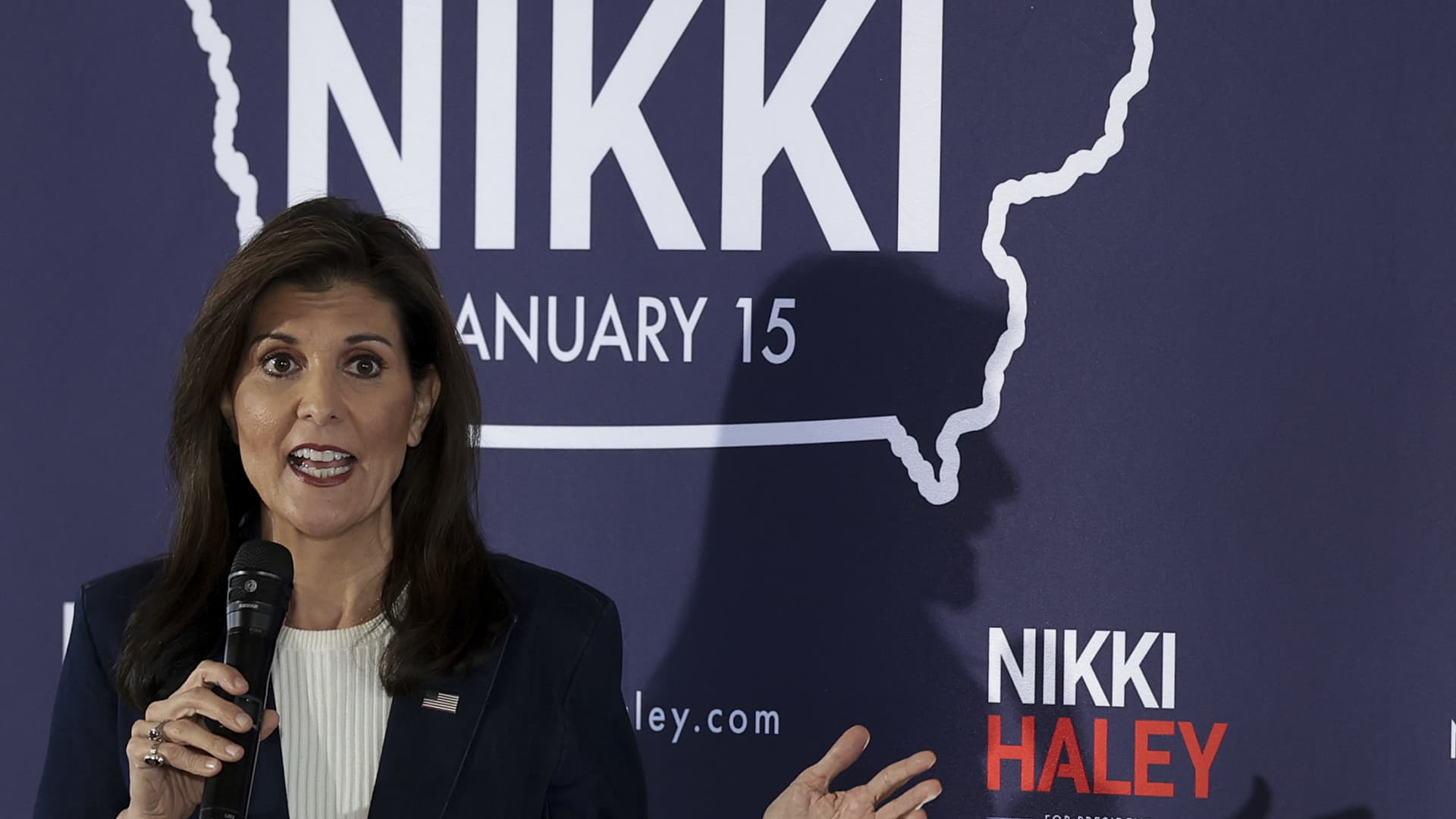 Republican presidential candidate former U.N. Ambassador Nikki Haley speaks during a campaign event on January 11, 2024 in Ankeny, Iowa.