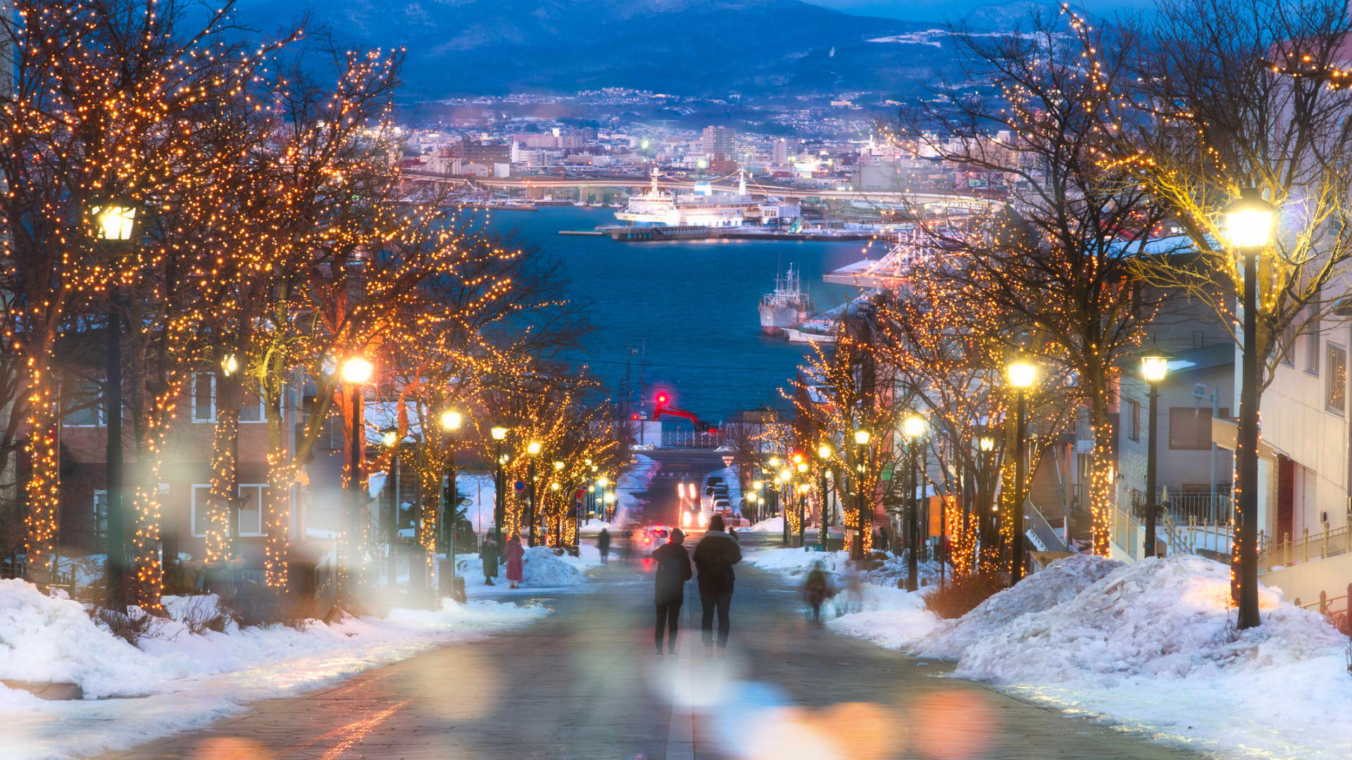 The city of Hakodate, on the Japanese island of Hokkaido, on a wintery night.