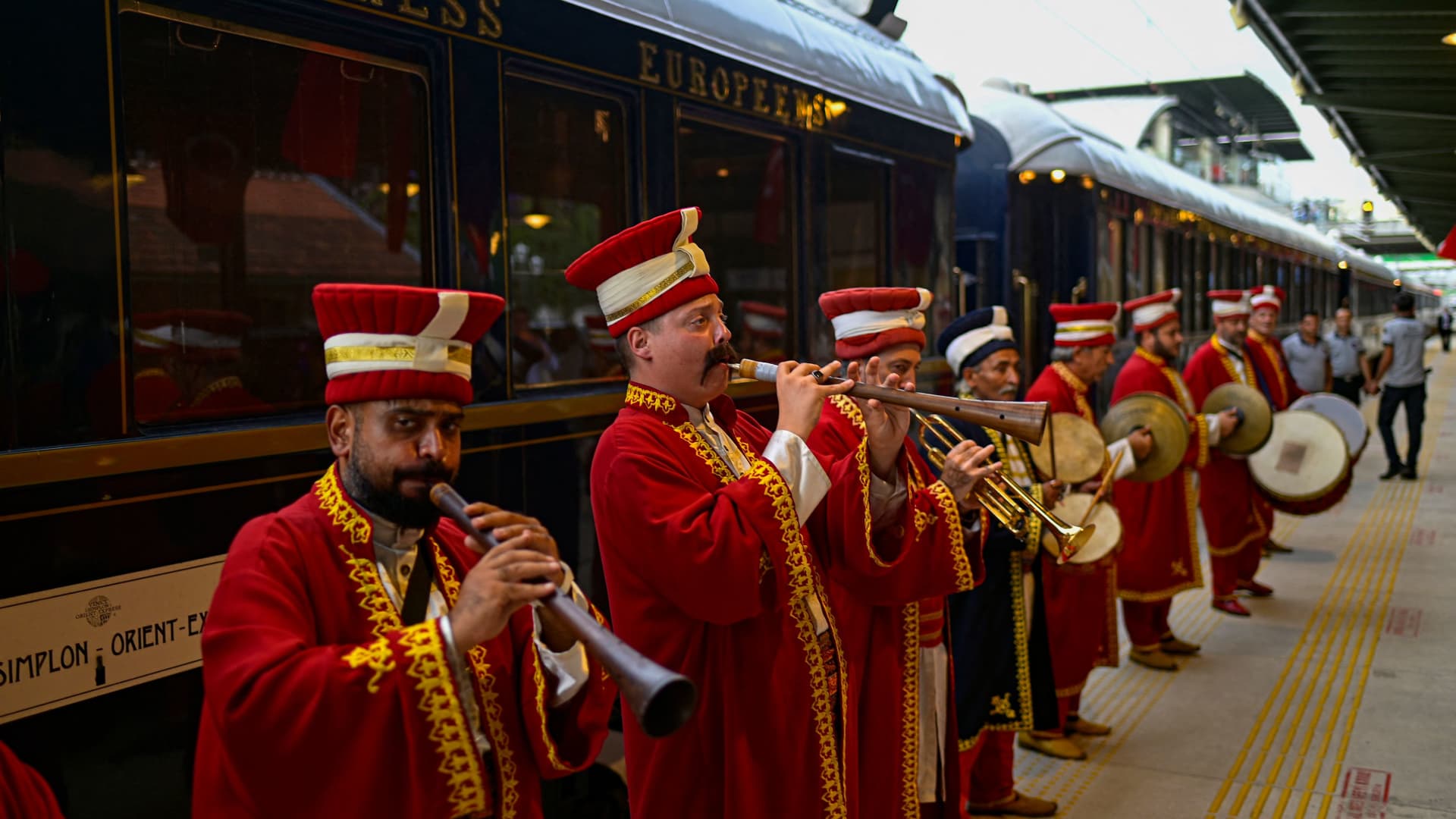 The Venice Simplon-Orient-Express is greeted by a Turkish band in Istanbul, on Aug. 31, 2022.