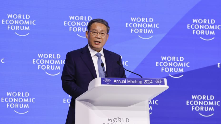 Li Qiang, China's premier, delivers a special address on the opening day of the World Economic Forum (WEF) in Davos, Switzerland, on Tuesday, Jan. 16, 2024.