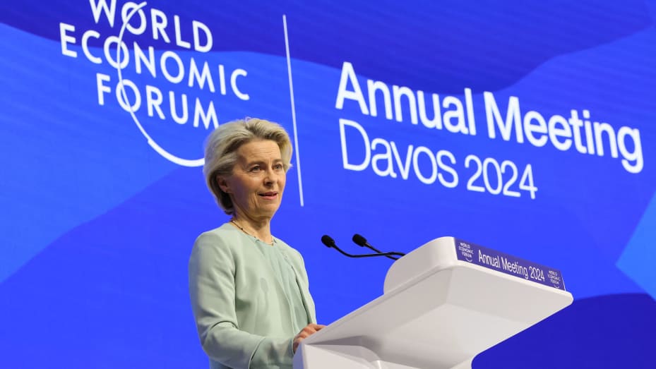 European Commission President Ursula von der Leyen speaks during the 54th annual meeting of the World Economic Forum in Davos, Switzerland, January 16, 2024. REUTERS/Denis Balibouse