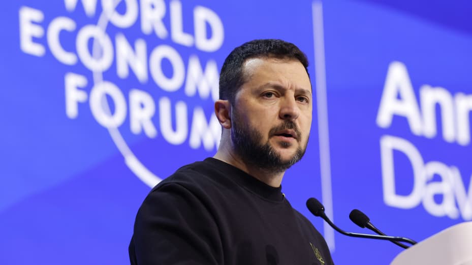 Volodymyr Zelenskyy, Ukraine's president, during a special address on the opening day of the World Economic Forum (WEF) in Davos, Switzerland, on Tuesday, Jan. 16, 2024.