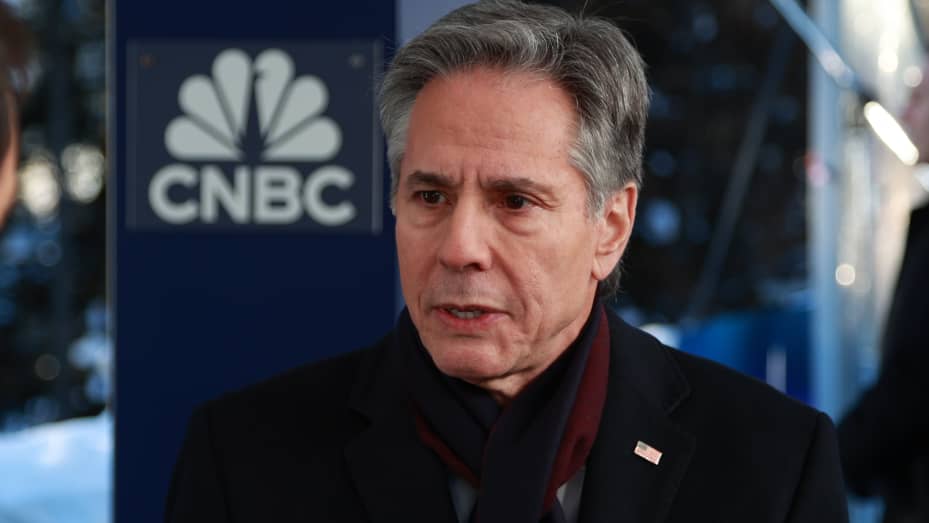 Antony Blinken, U.S. Secretary of State, speaks with CNBC's Andrew Ross Sorkin at the WEF Annual Meeting in Davos, Switzerland on Jan. 16th, 2024. 