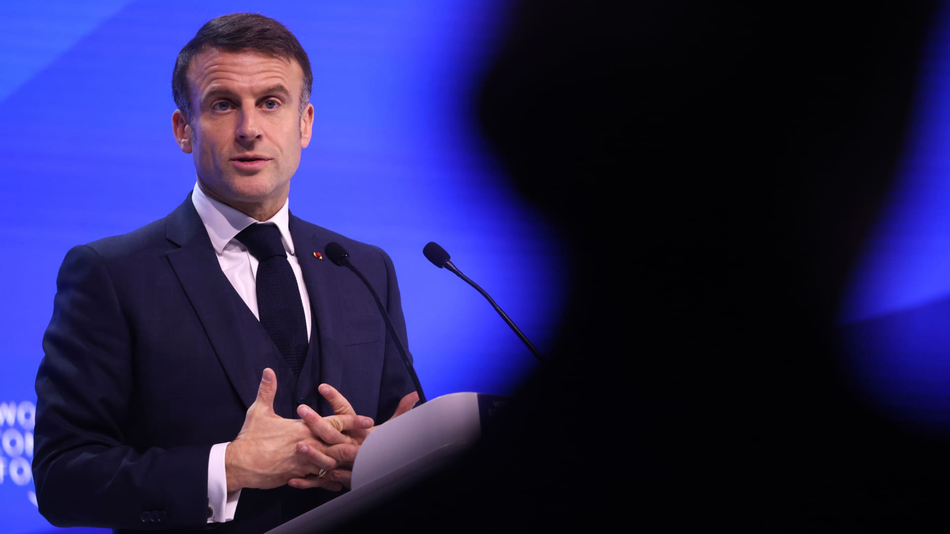 Emmanuel Macron, France's president, delivers a special address on day two of the World Economic Forum in Davos, Switzerland, on Jan. 17, 2024.