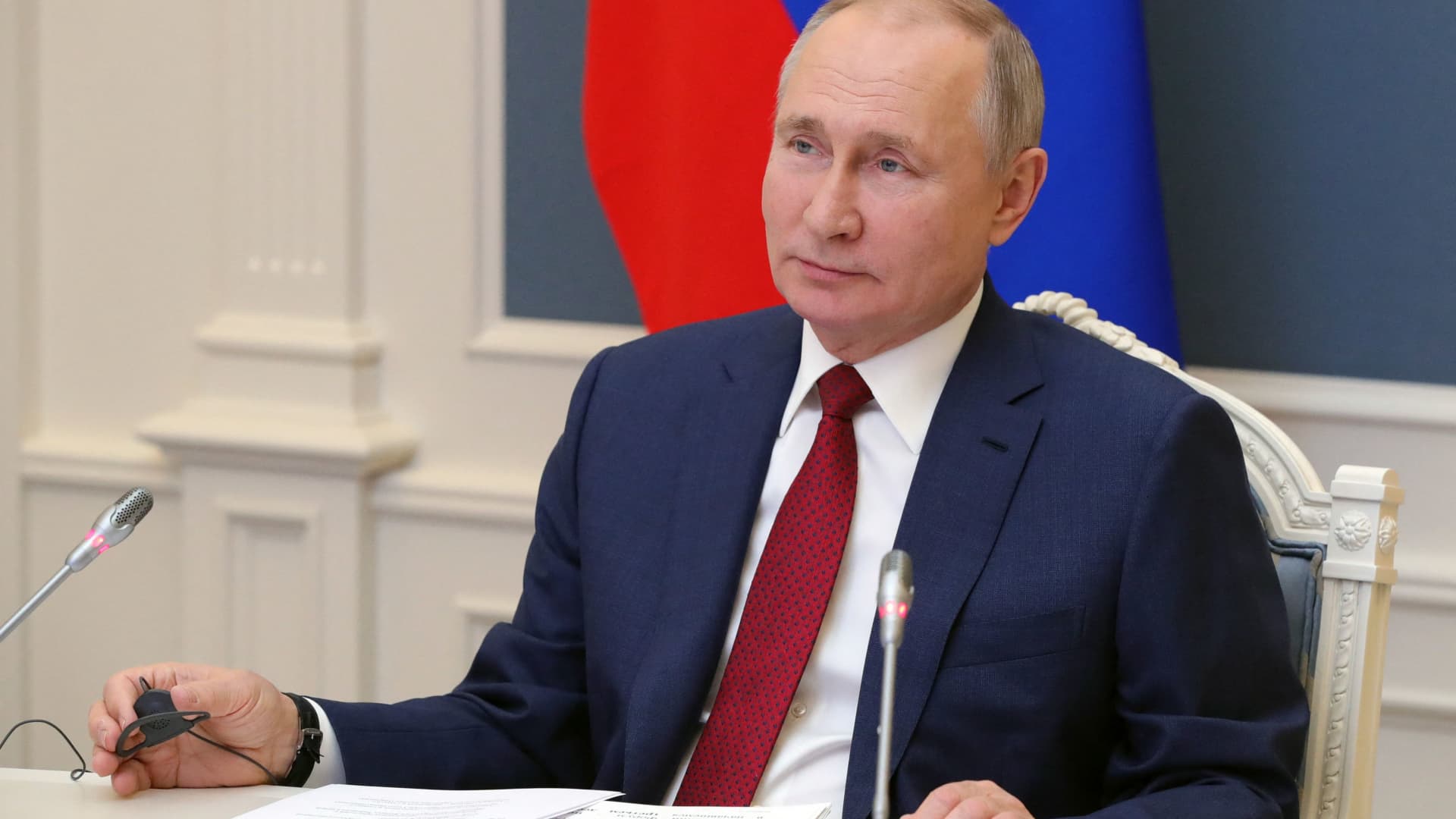 Russian President Vladimir Putin addresses the virtual World Economic Forum via a video link from Moscow on January 27, 2021. (Photo by Mikhail KLIMENTYEV / SPUTNIK / AFP) (Photo by MIKHAIL KLIMENTYEV/SPUTNIK/AFP via Getty Images)