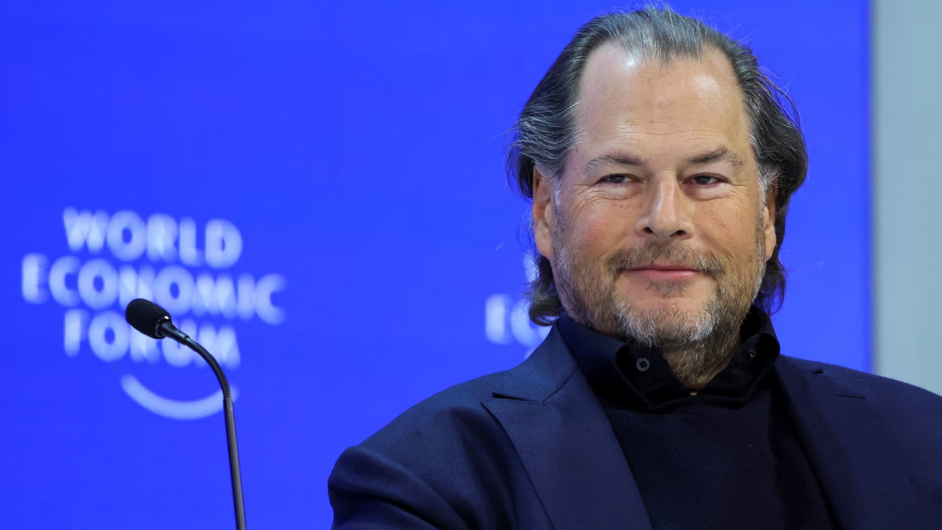 Chairman and CEO of Salesforce Marc R. Benioff attends the 54th annual meeting of the World Economic Forum, in Davos, Switzerland, January 18, 2024. 
