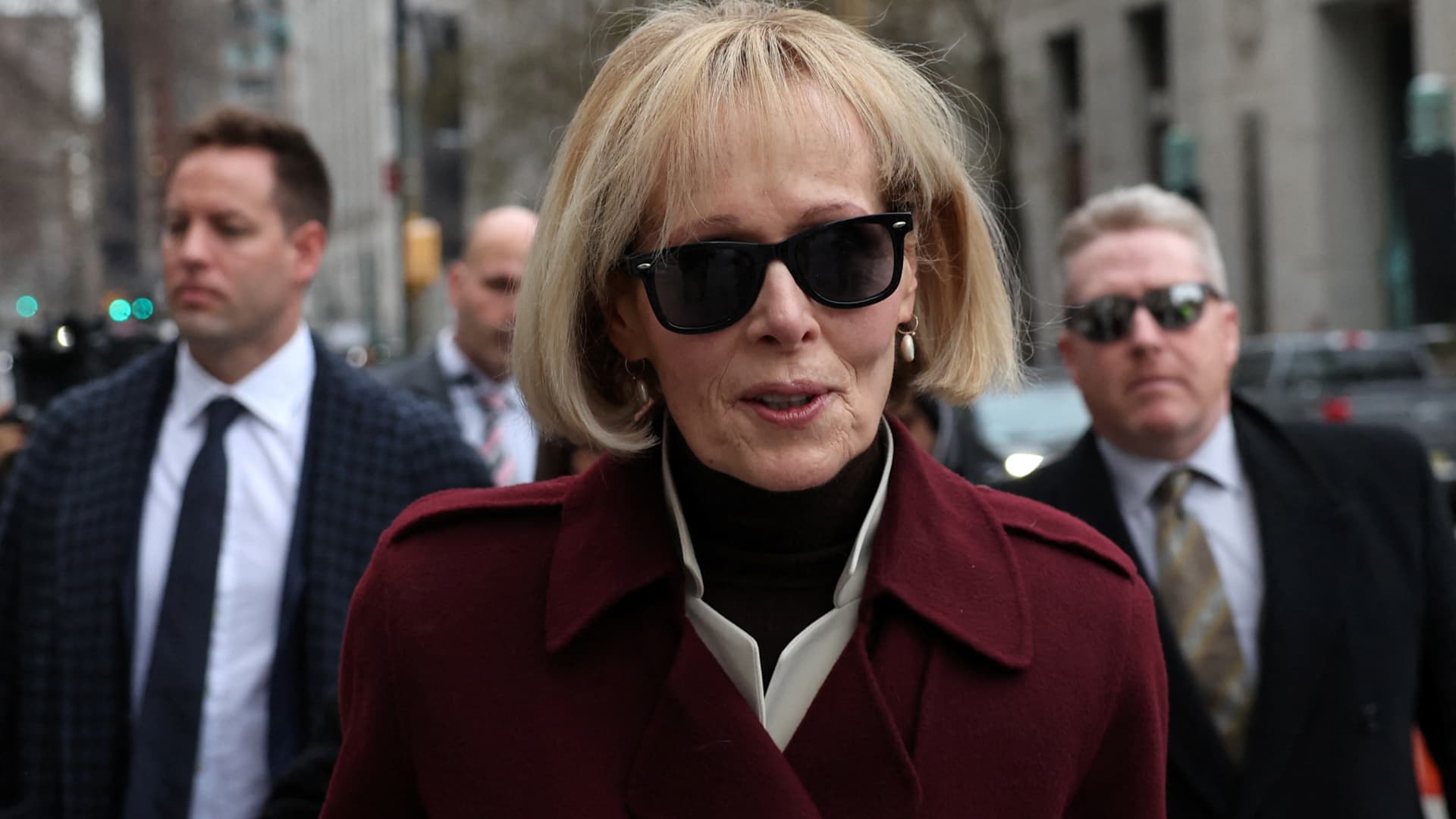E. Jean Carroll enters Manhattan Federal Court, in the second civil trial after she accused former U.S. President Donald Trump of raping her decades ago, in New York City, U.S., January 18, 2024. 