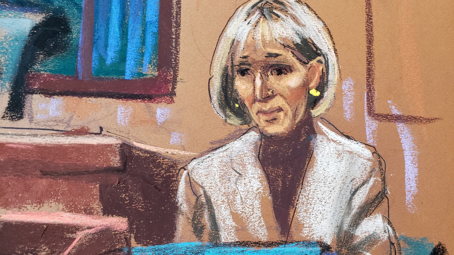 E. Jean Carroll is cross examined by former U.S. President Donald Trump's lawyer Alina Habba during the second civil trial where Carroll accused Trump of raping her decades ago, at Manhattan Federal Court in New York City, U.S., January 18, 2024 in this courtroom sketch. 