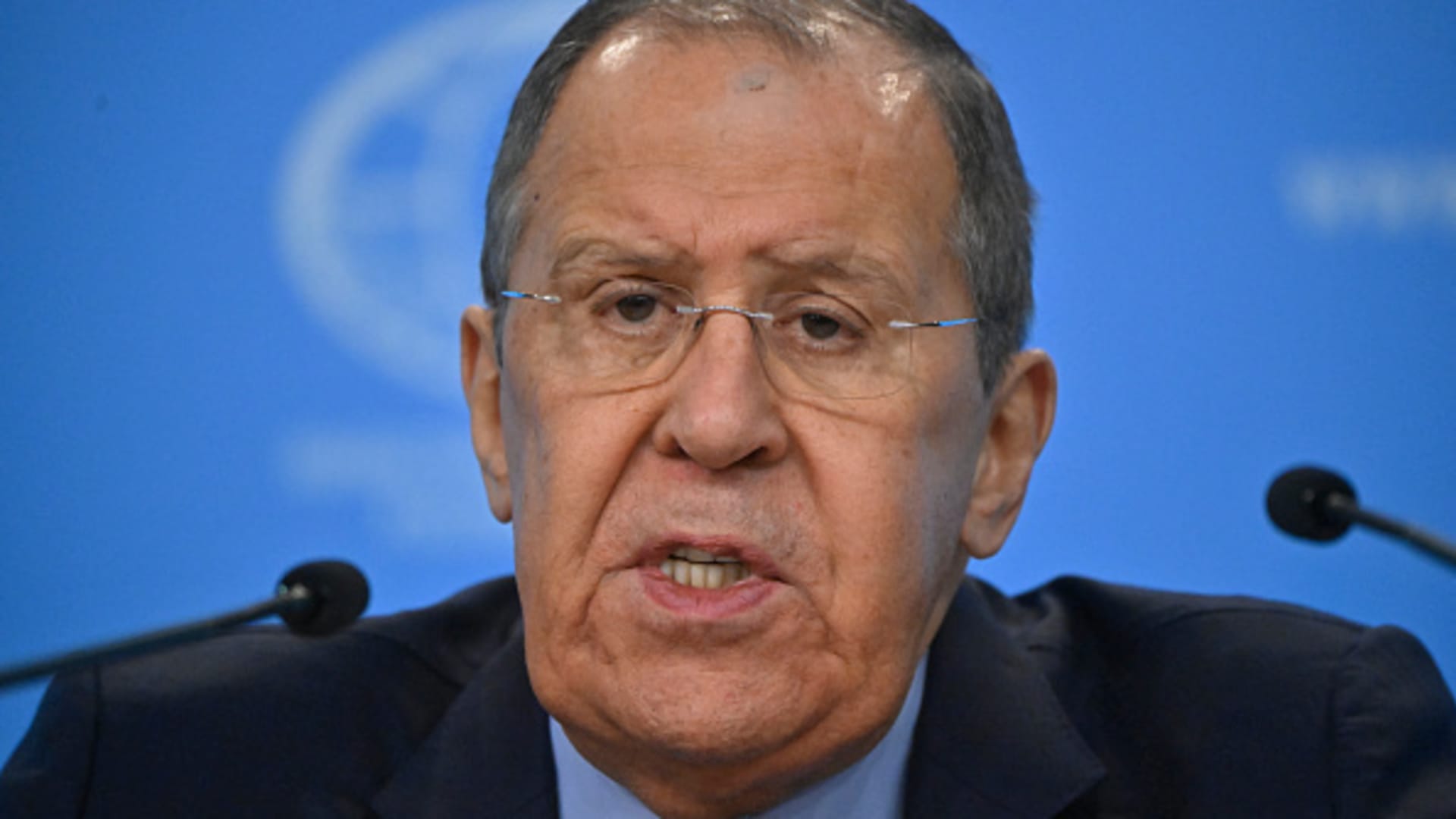 Russian Foreign Minister Sergei Lavrov delivers his annual end-of-year press conference at the Russian Foreign Ministry headquarters in Moscow on January 18, 2024.