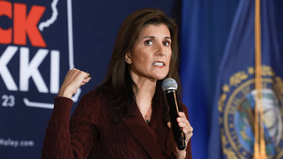 Republican presidential candidate, former U.N. Ambassador Nikki Haley, speaks during a campaign event held at the Alpine Grove Event Center on January 18, 2024, in Hollis, New Hampshire.