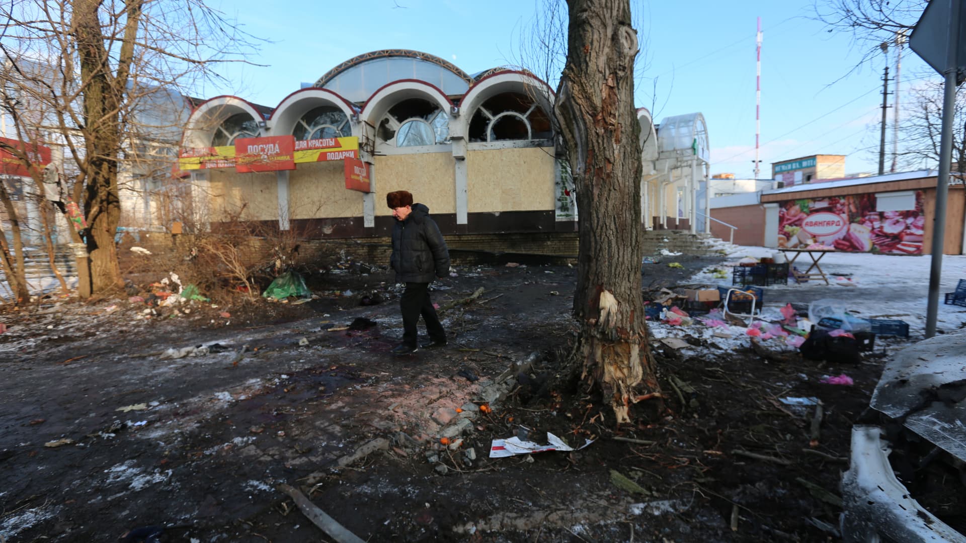 A view of the damage after the shelling in the market place in the Ukrainian city of Donetsk, which is currently under Russian control, ongoing Russian and Ukrainian war on January 21, 2024.